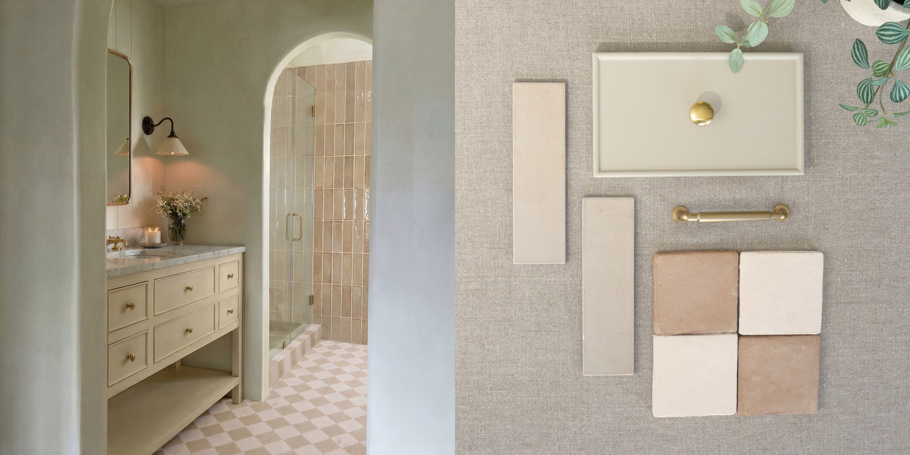 Neutral-toned bathroom interior with beige tiles, brass fixtures, and a layout of ceramic tile samples and hardware.