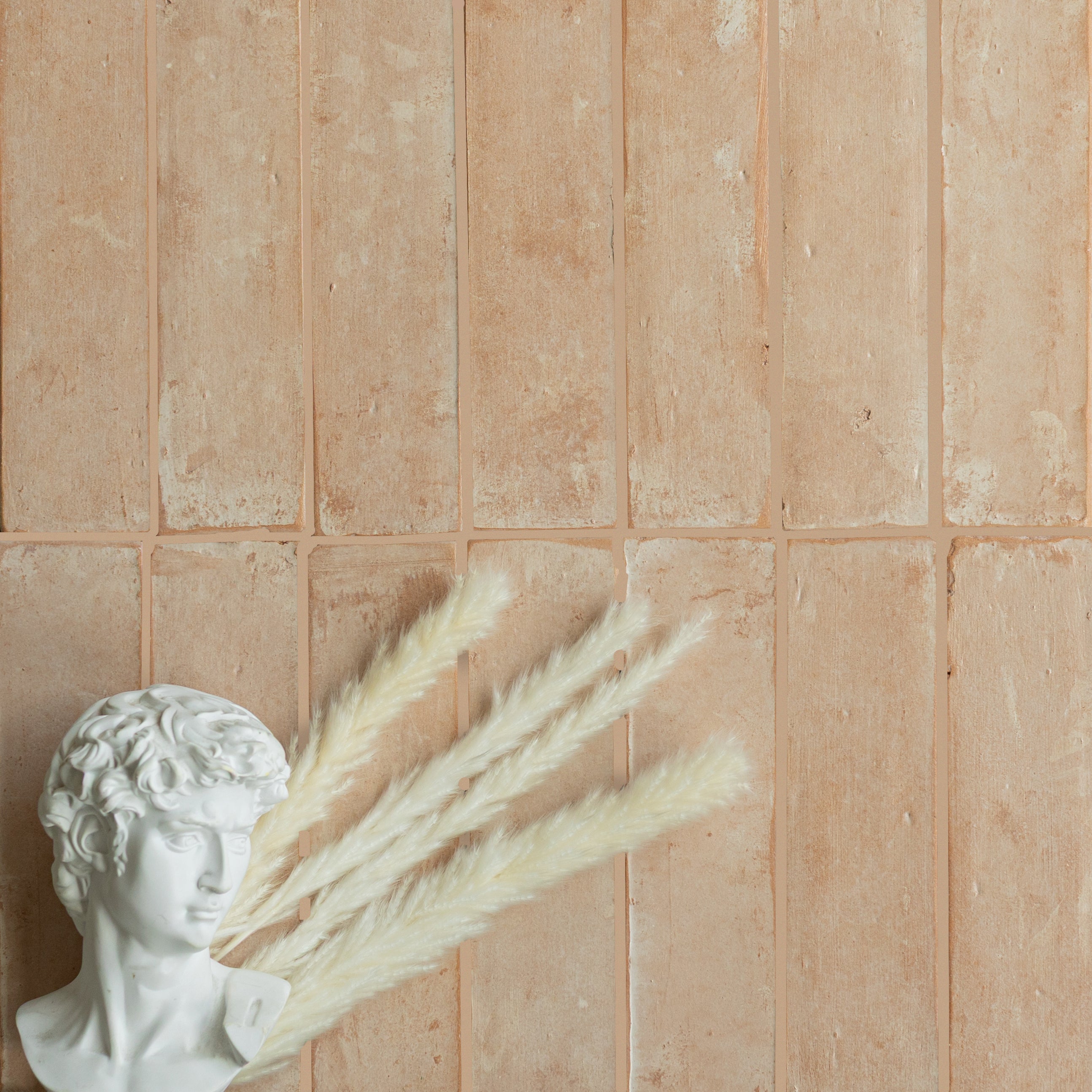 Vertical rectangular terracotta tiles with natural variations and a white classical bust holding beige pampas grass stems.