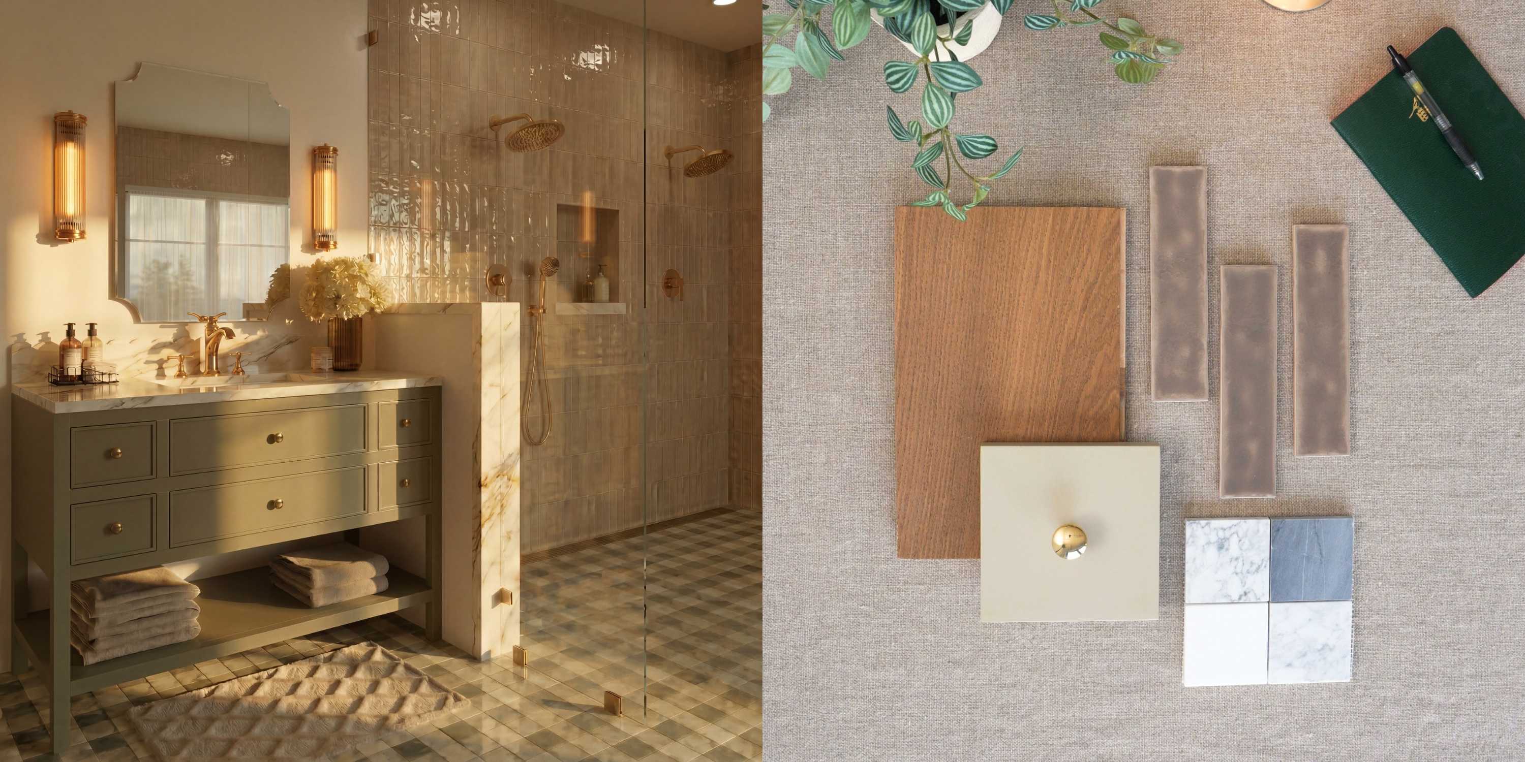 Sunlit bathroom showcasing glass shower and olive-colored vanity beside wood, tile, and brass hardware samples on linen surface