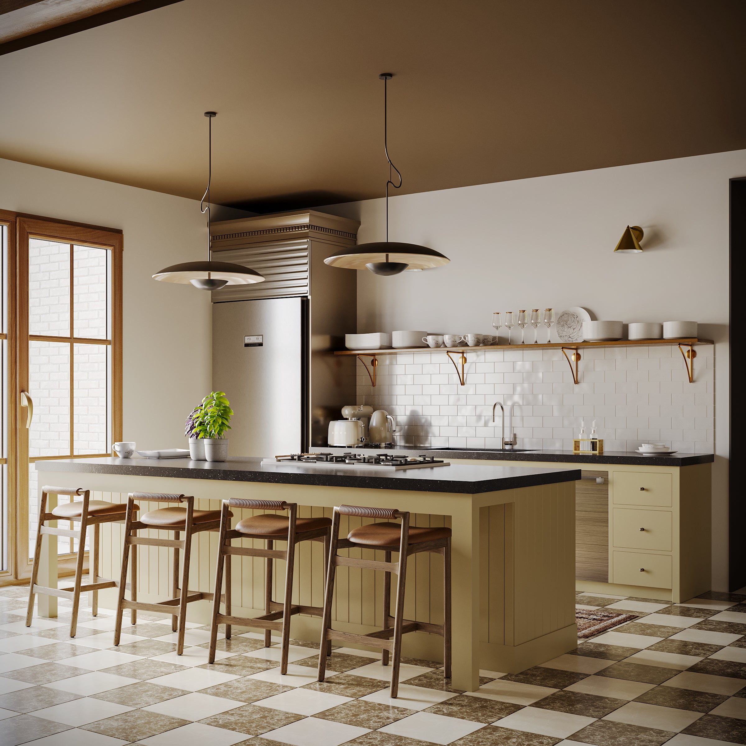 Spacious kitchen with checkerboard floor tiles, cream cabinetry, black countertop island, wooden stools, and large window light