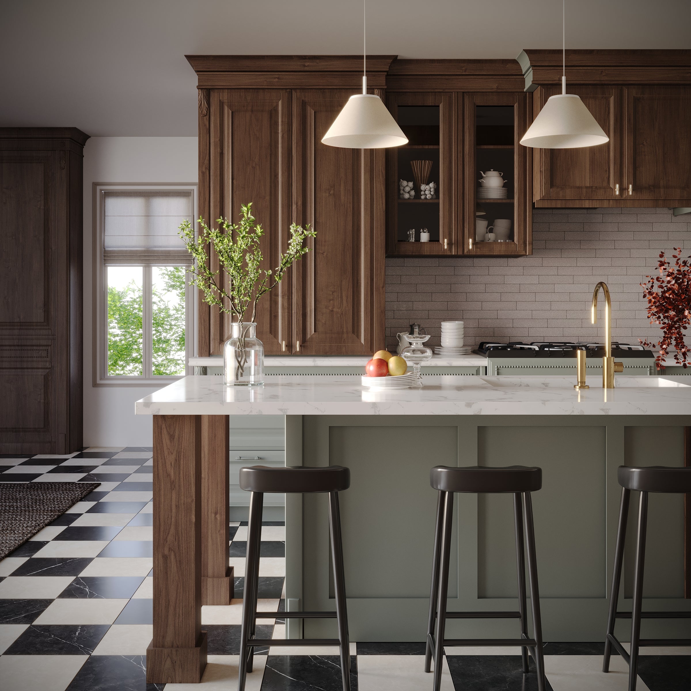 Kitchen interior with dark wood cabinetry, gray subway tile backsplash, white marble island, black stools, and checkered flooring