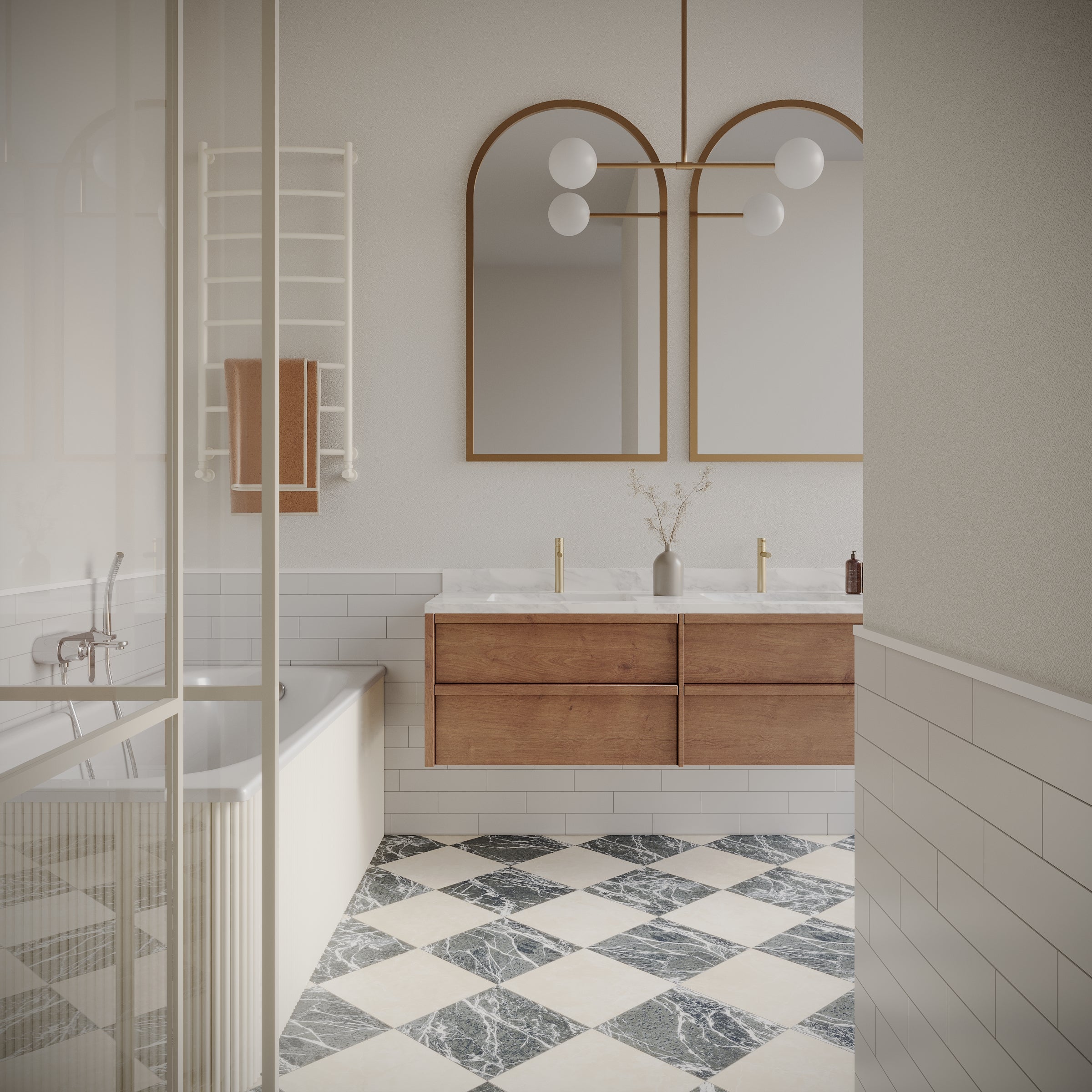 Modern bathroom with checkered black and white marble floor, wooden floating vanity, arched mirrors, and white subway tiles