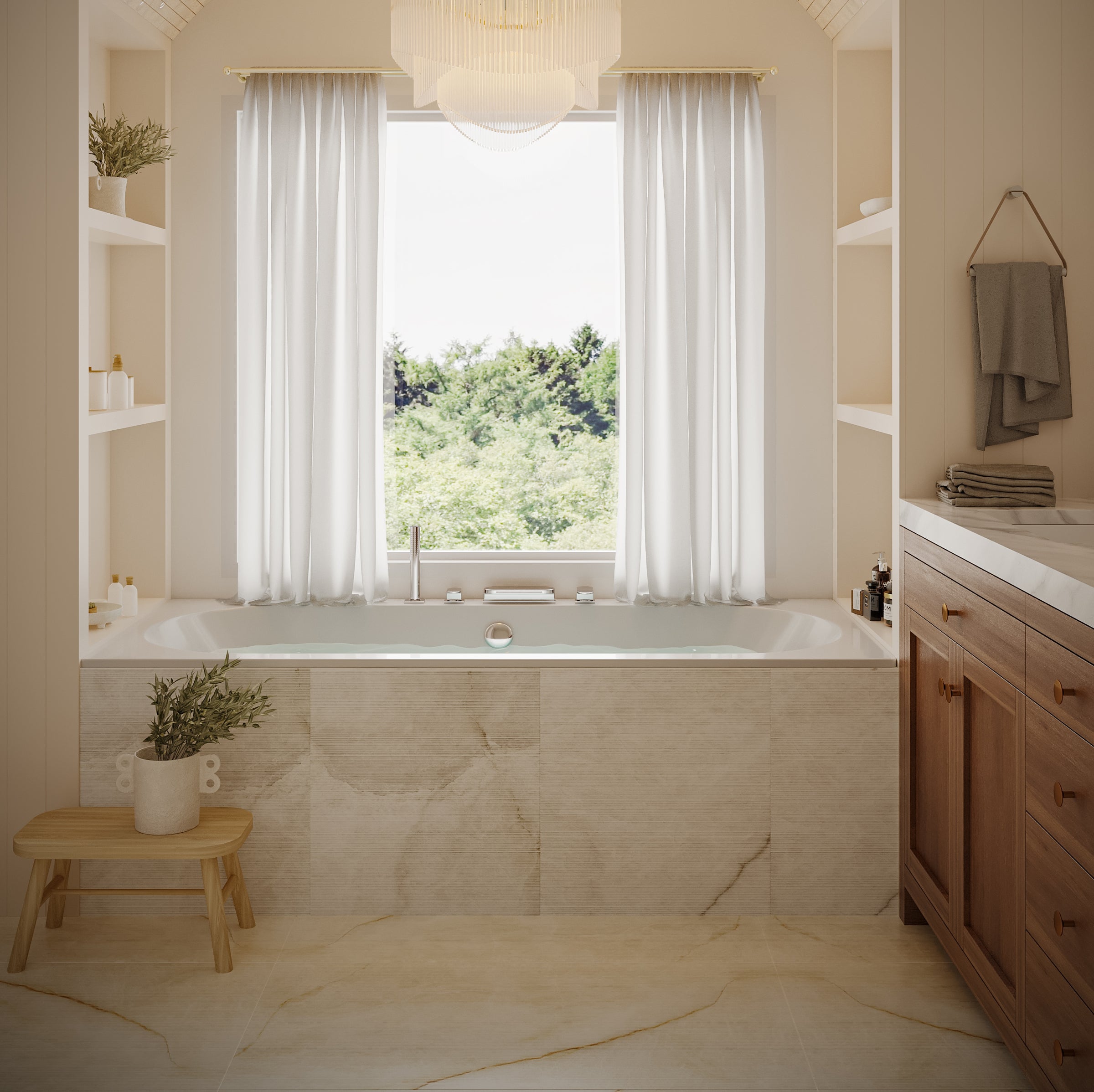 Bright bathroom with beige ceramic tile surround, wooden vanity, white curtains, and greenery visible through window