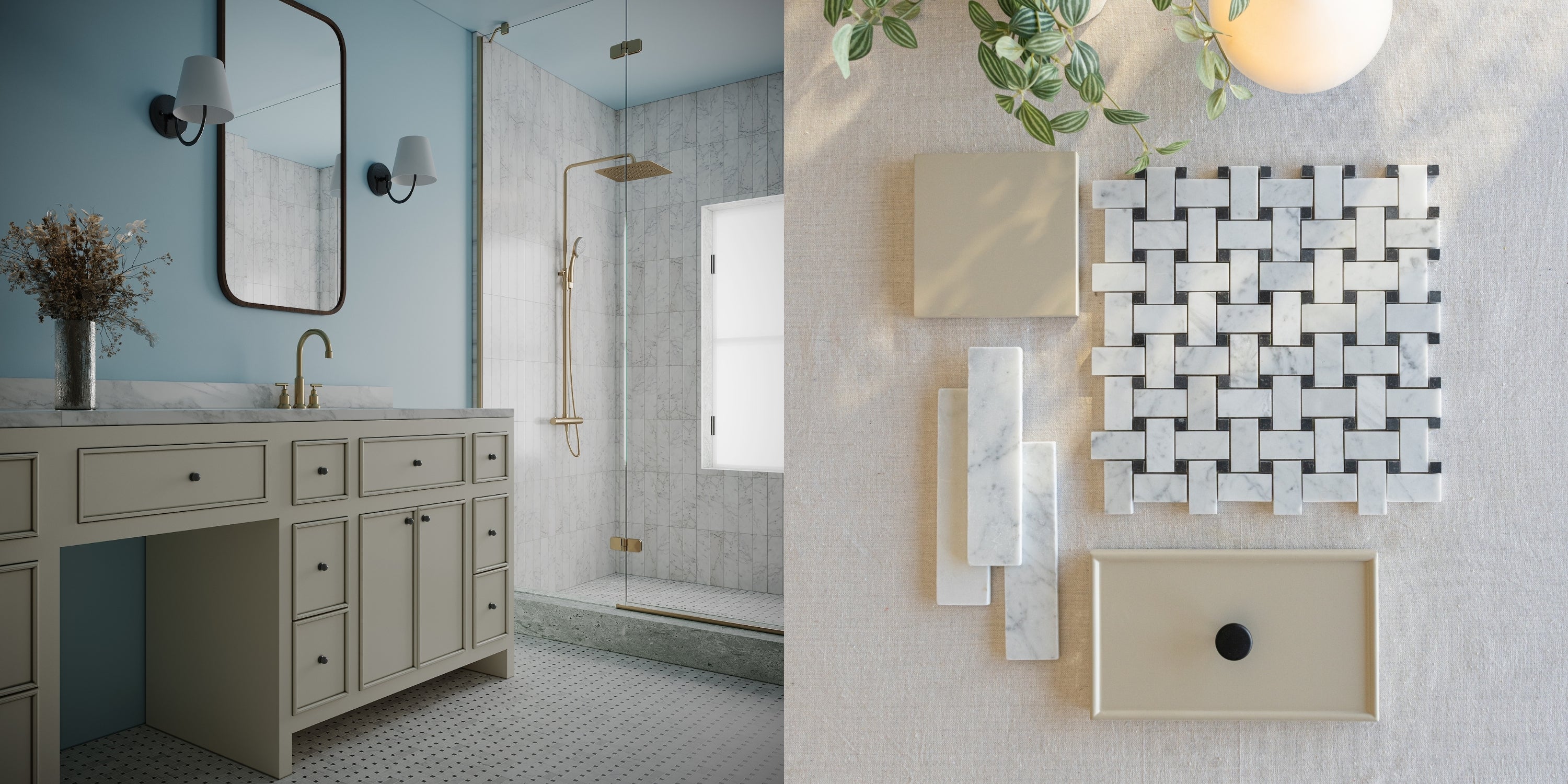 Light bathroom with beige vanity, black mirror frames, mosaic tile shower, and a flat lay of marble and ceramic tile samples with greenery