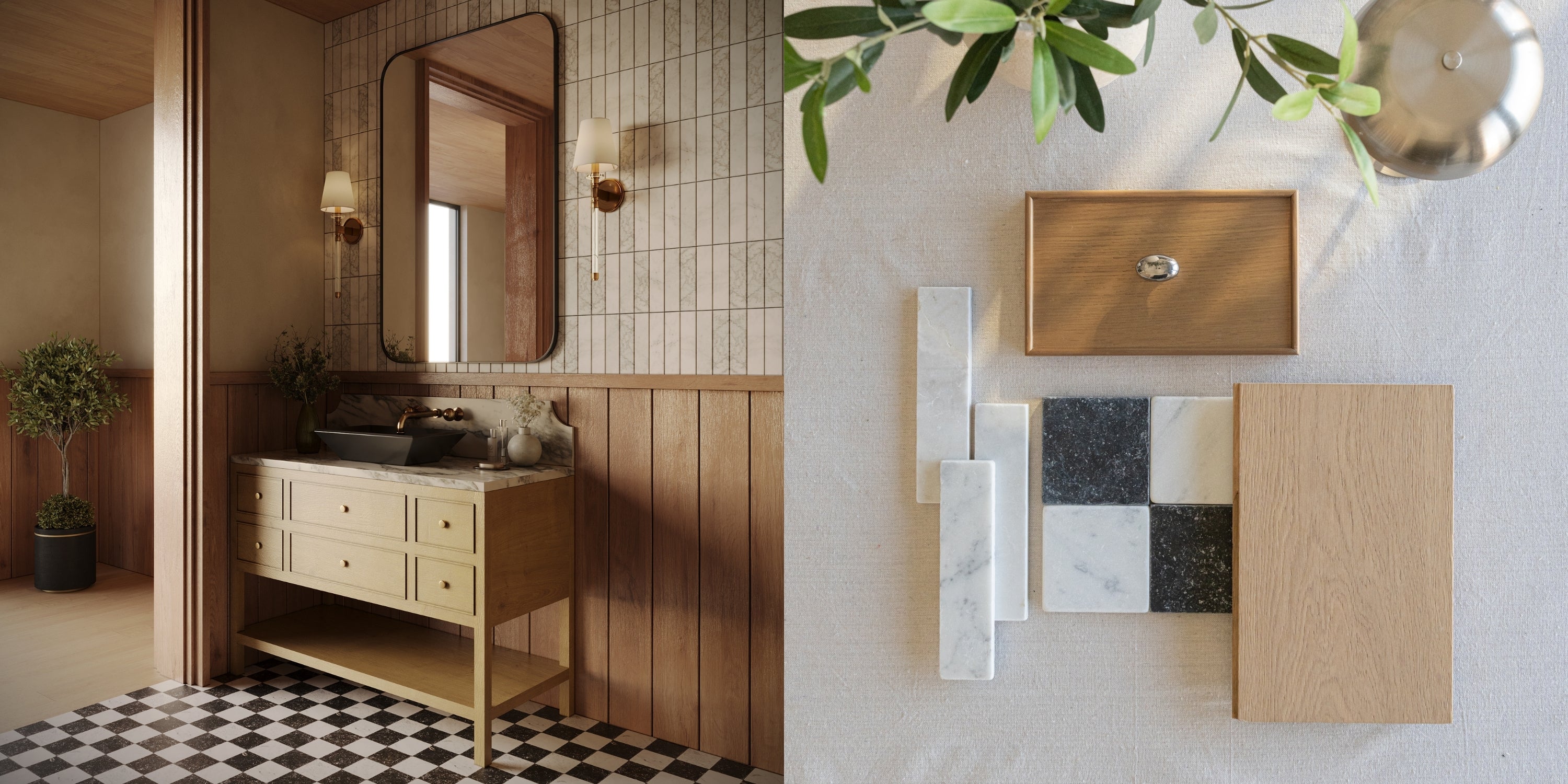 Bathroom interior with wood-paneled walls, beige vanity, black countertop, and tile samples with greenery on white surface