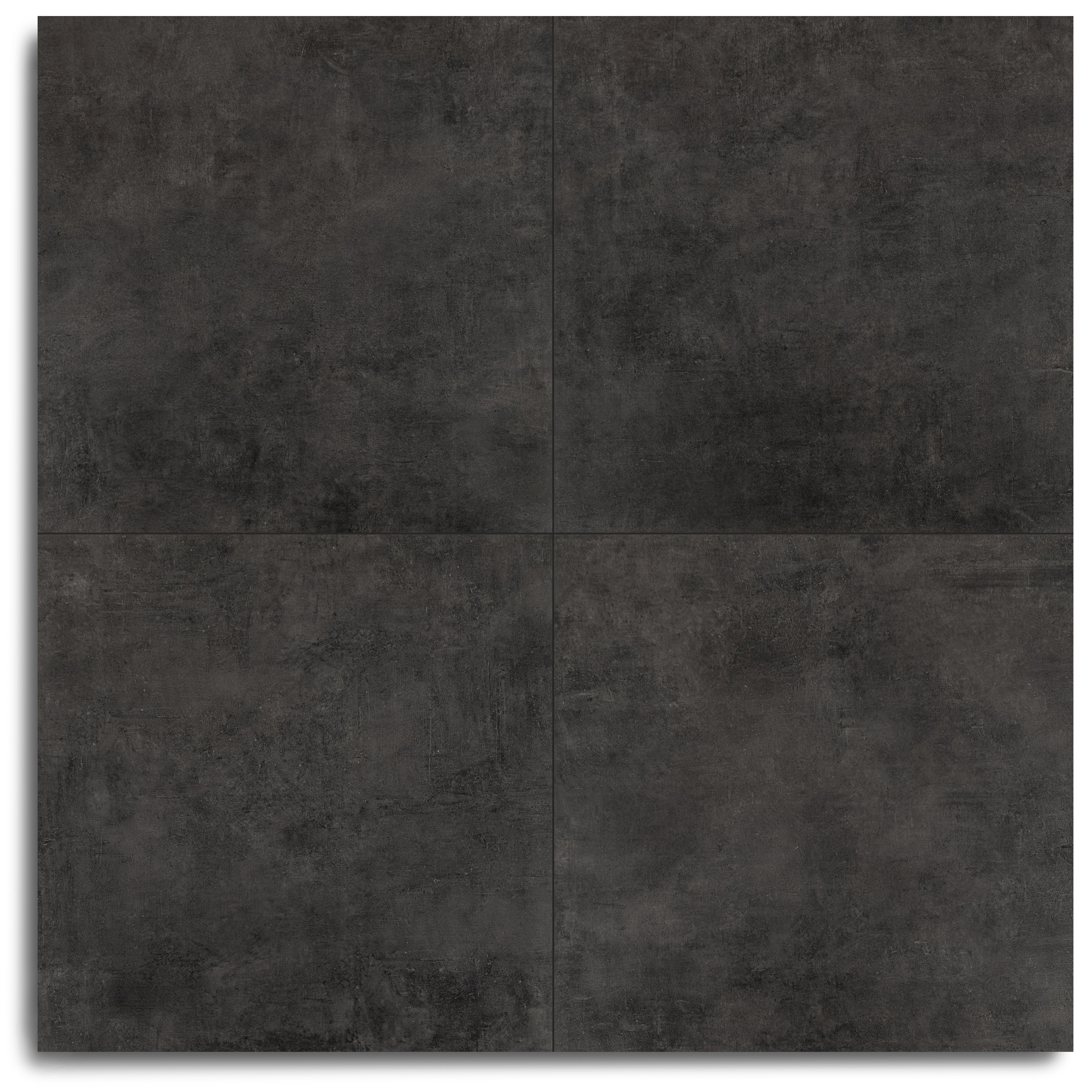 Four large dark charcoal porcelain tiles with a subtle textured surface and slight tonal variations in a square layout