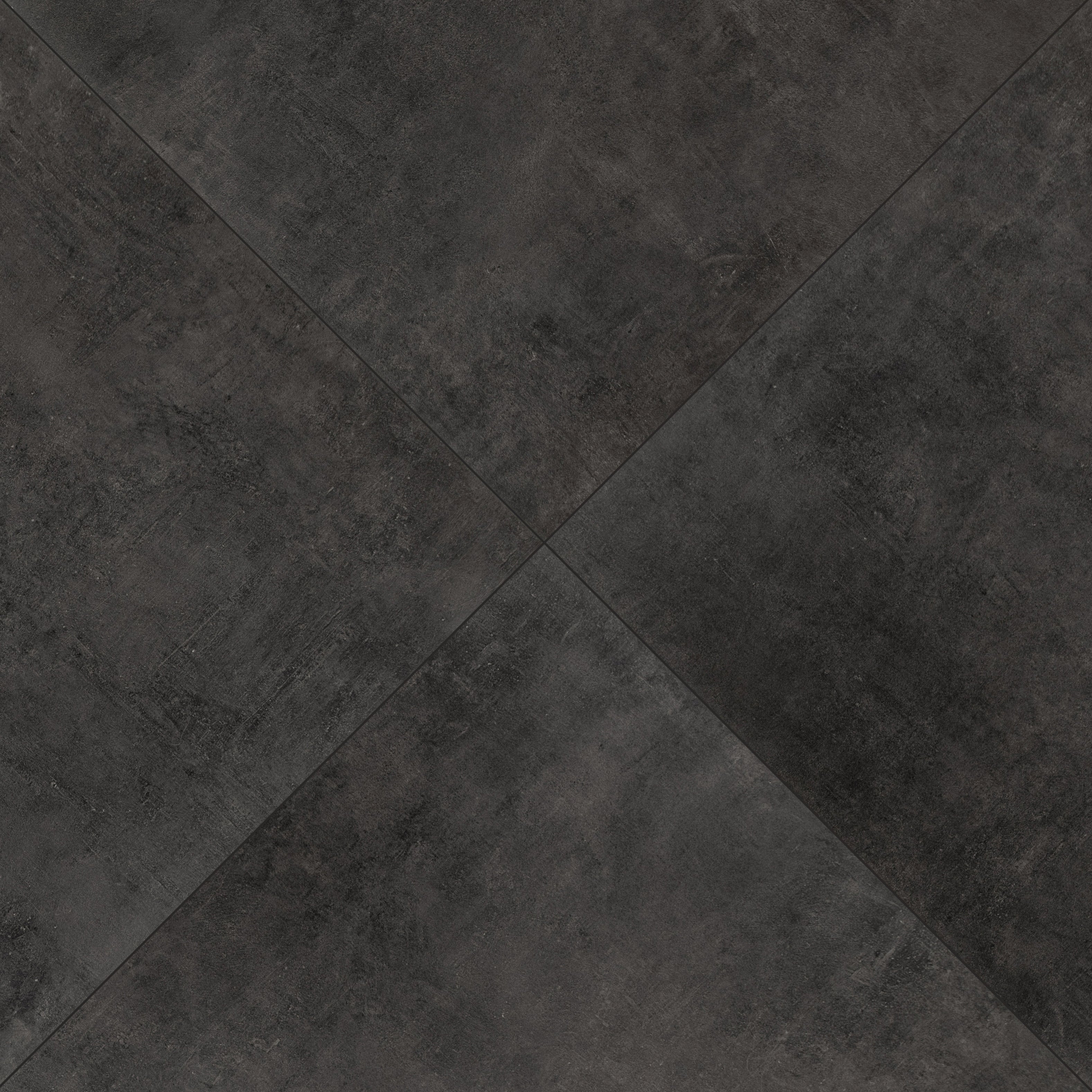 Four large dark porcelain tiles with a textured surface showcasing natural stone-like variations in deep charcoal tones