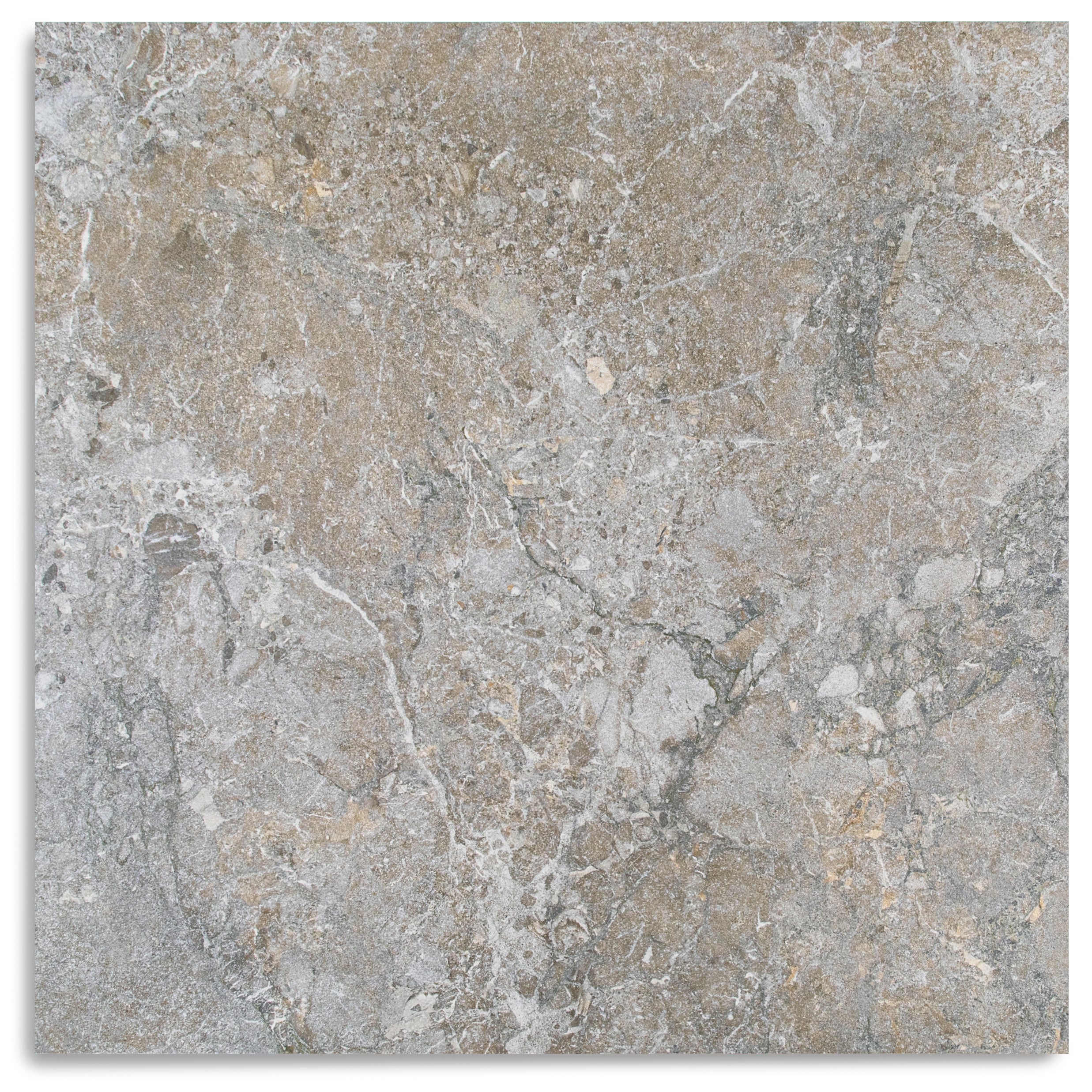 Breccia Grey 3D Stone Look Porcelain Tile with multi-tonal grey, beige, and black veining from Stone Editions Porcelain Tile collection