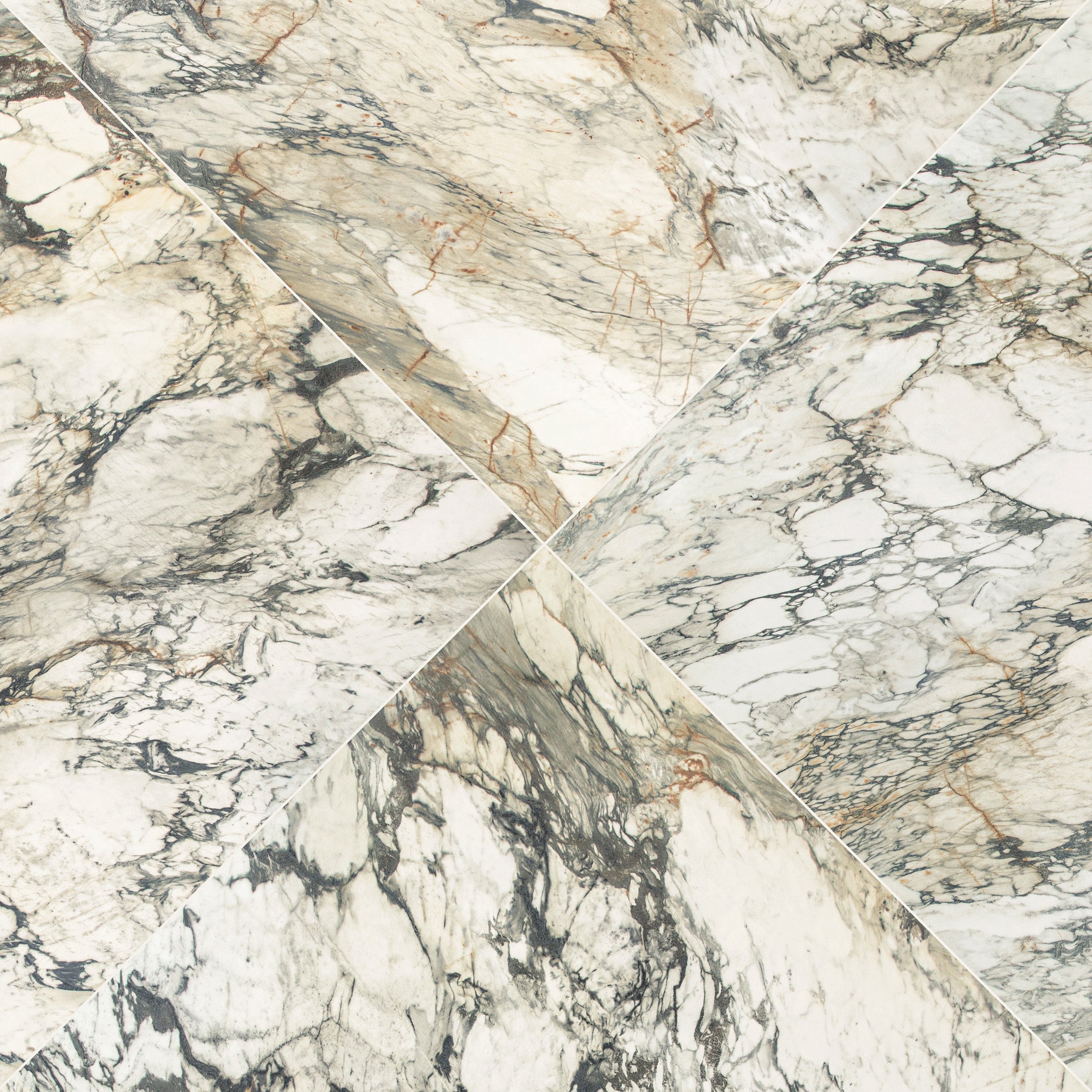 Breccia Capraia 3D Mable Look Porcelain Tile with dramatic veining in gray, beige, white, and black from Large Format Tiles collection