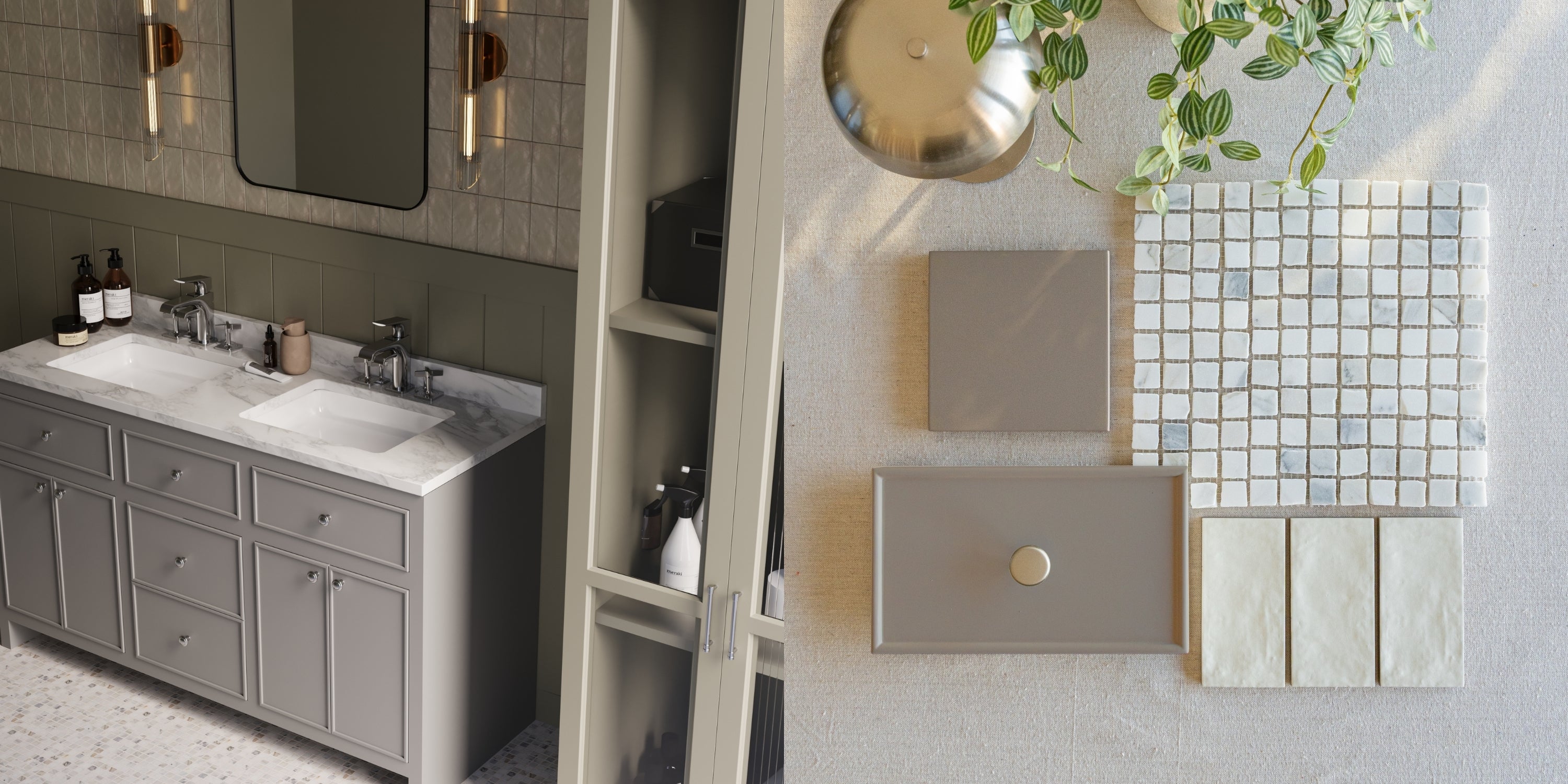 Contemporary double sink vanity in muted gray with marble countertop beside neutral tile and glass mosaic samples with greenery