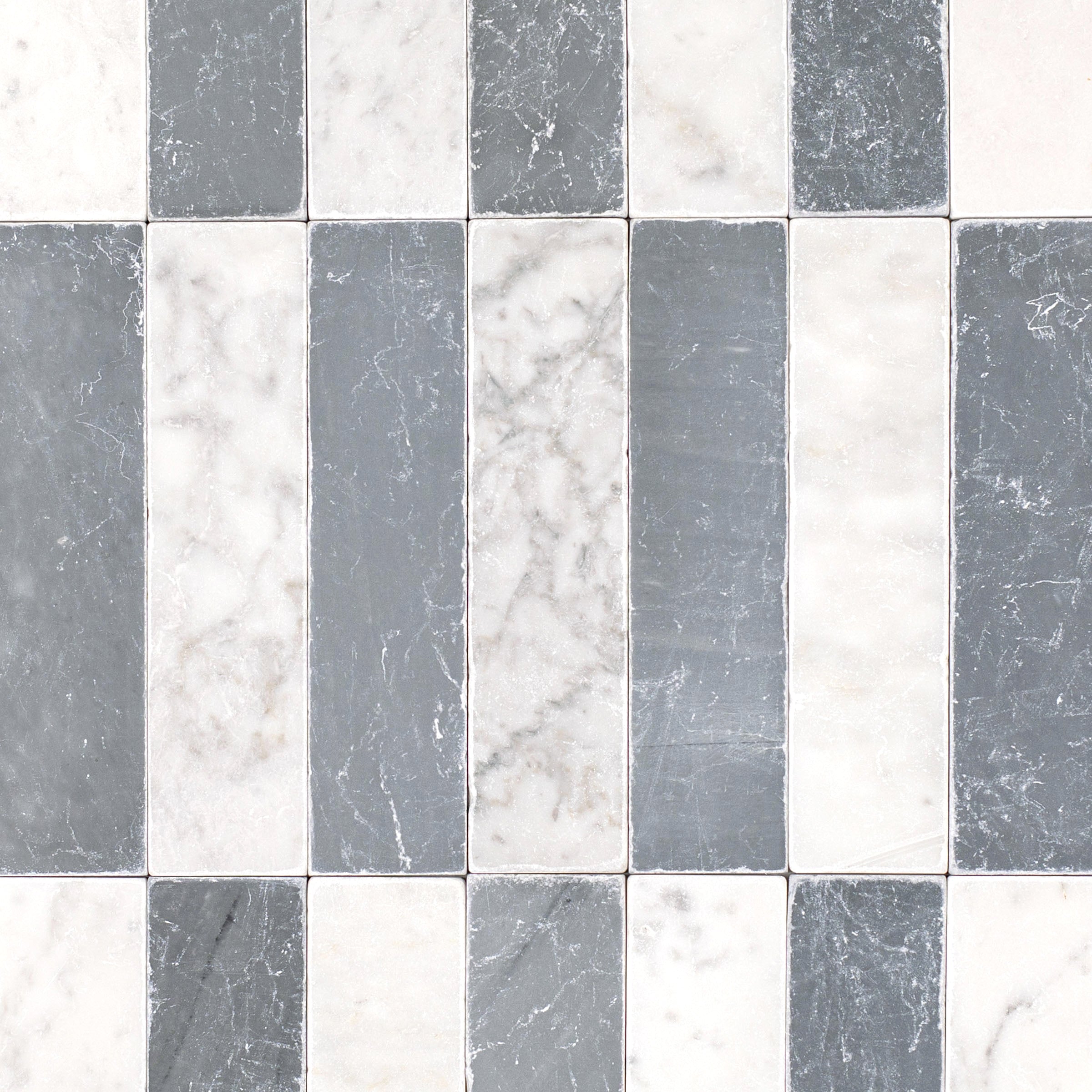 Carrara Bardiglio Tumbled Stone Checker Stripe marble tile in white and gray from Tumbled Natural Stone Tiles collection