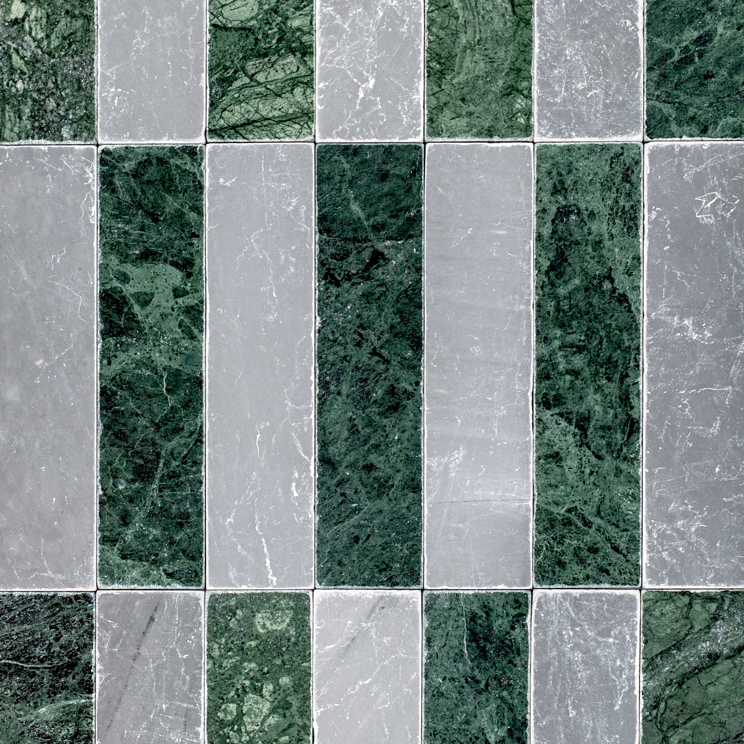 Verde Guatemala Bardiglio Tumbled Stone Checker Stripe marble tile in green and gray from Tumbled Natural Stone Tiles collection