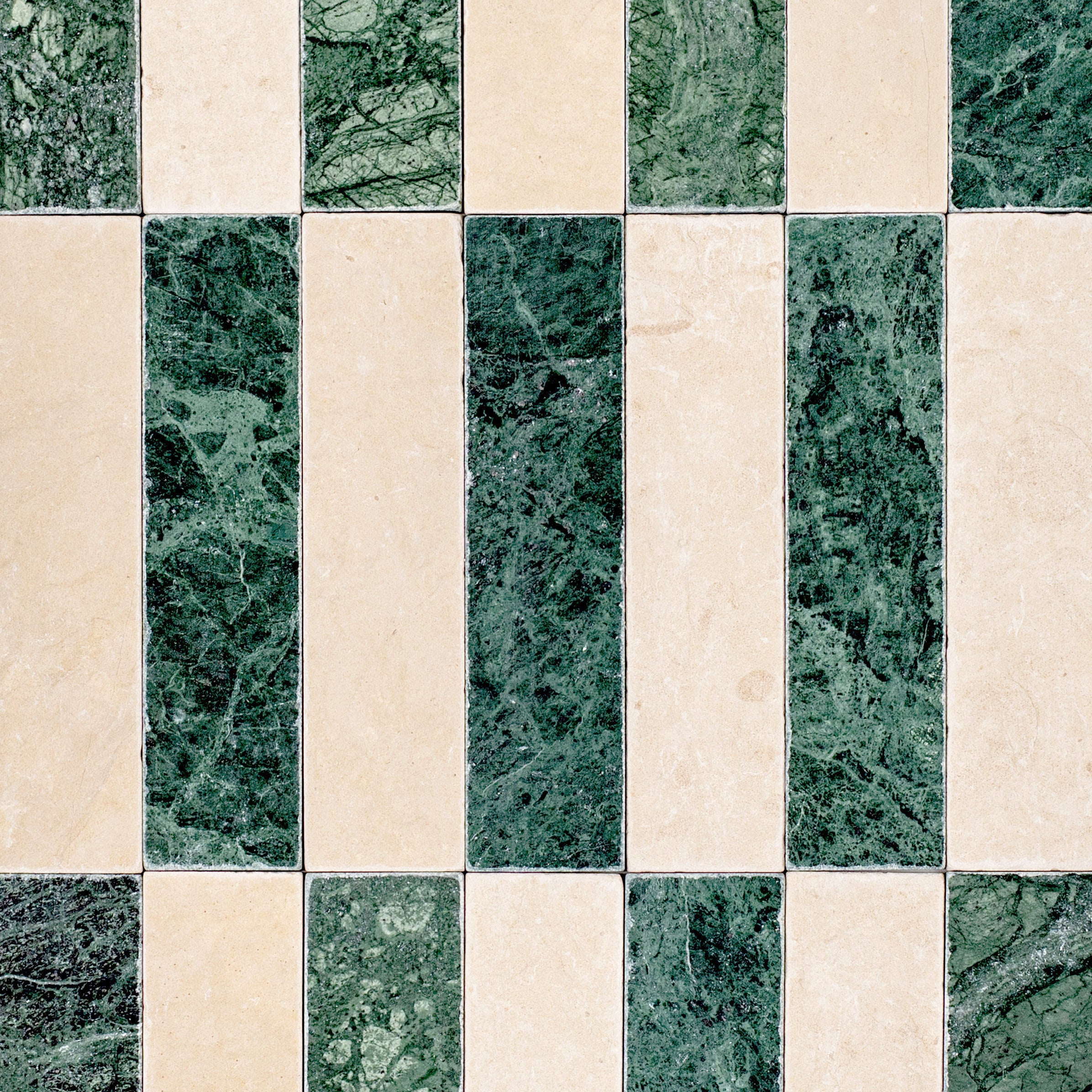 Verde Guatemala Desert Tea Tumbled Stone Checker Stripe natural marble stone tile in green and beige from Tumbled Natural Stone Tiles collection