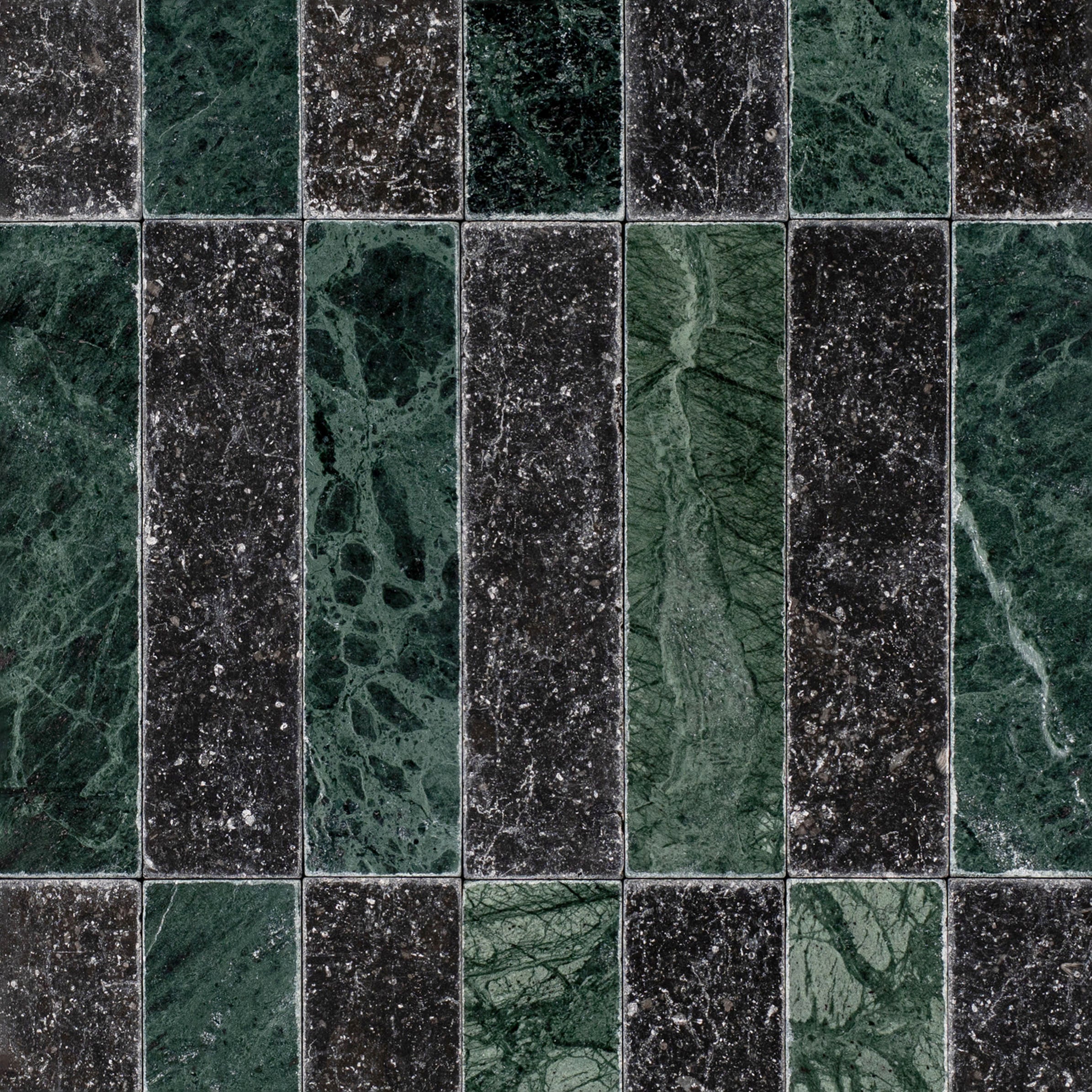 Verde Guatemala Belgian Blue Tumbled Stone Checker Stripe marble tiles in green and black from Tumbled Natural Stone Tiles collection