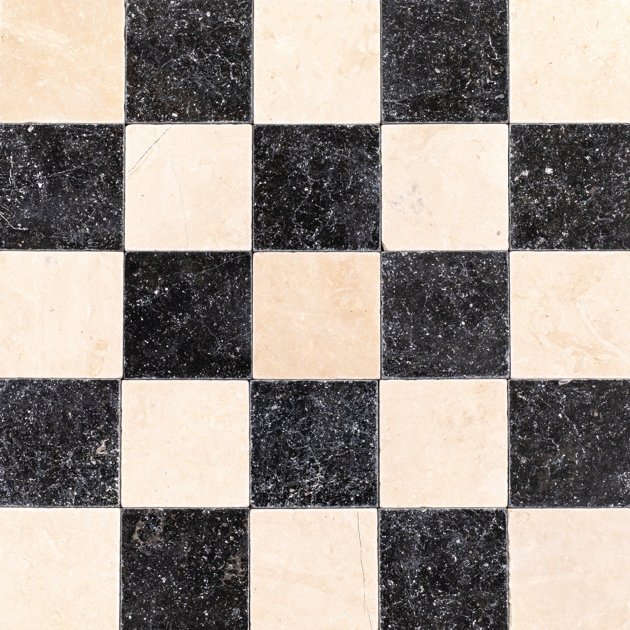 Belgian Blue Desert Tea Tumbled Stone Checkerboard marble tiles in beige and black from Tumbled Natural Stone Tiles collection