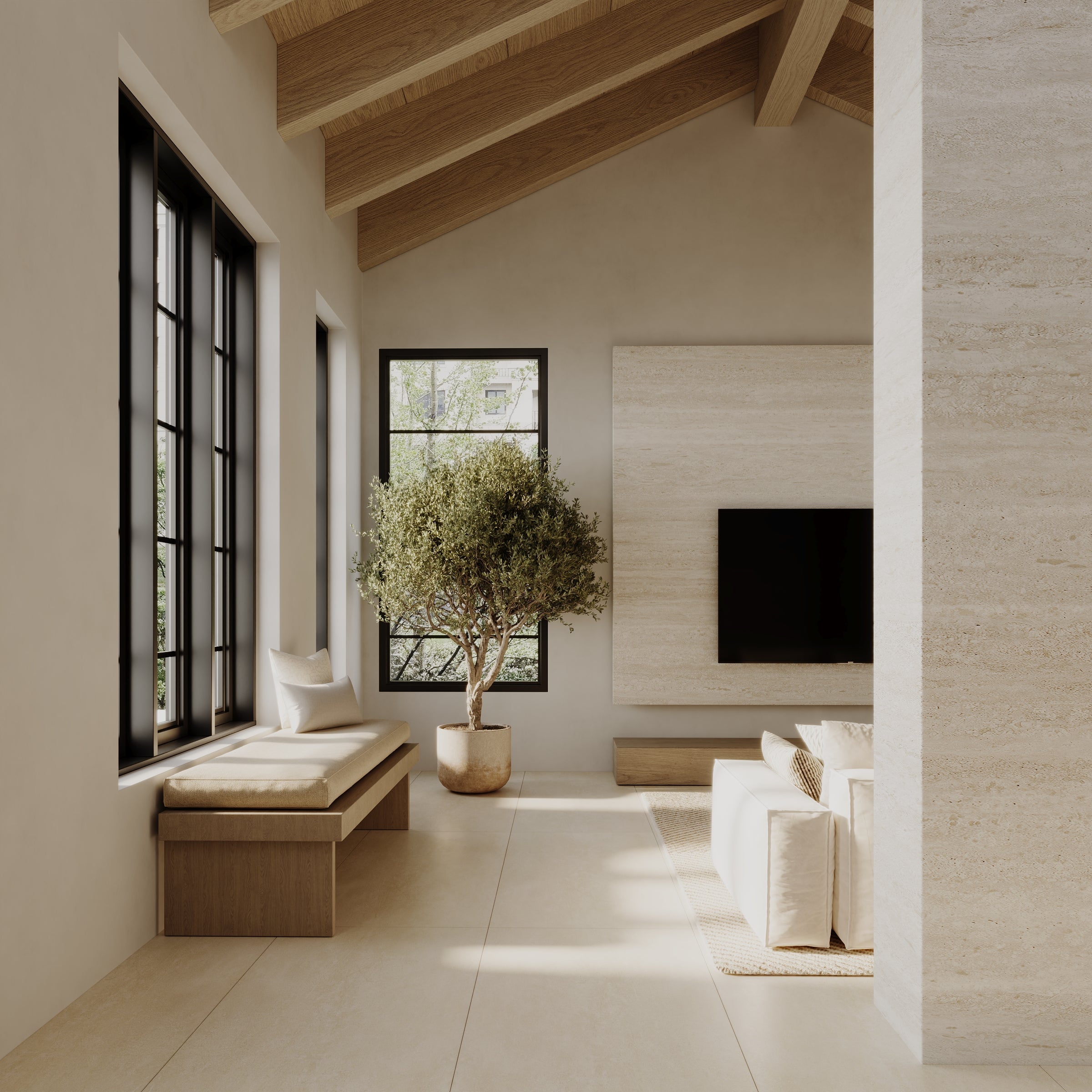 Warm modern living room with large format tiles, exposed wood beams, black windows, indoor tree, and wall mounted TV