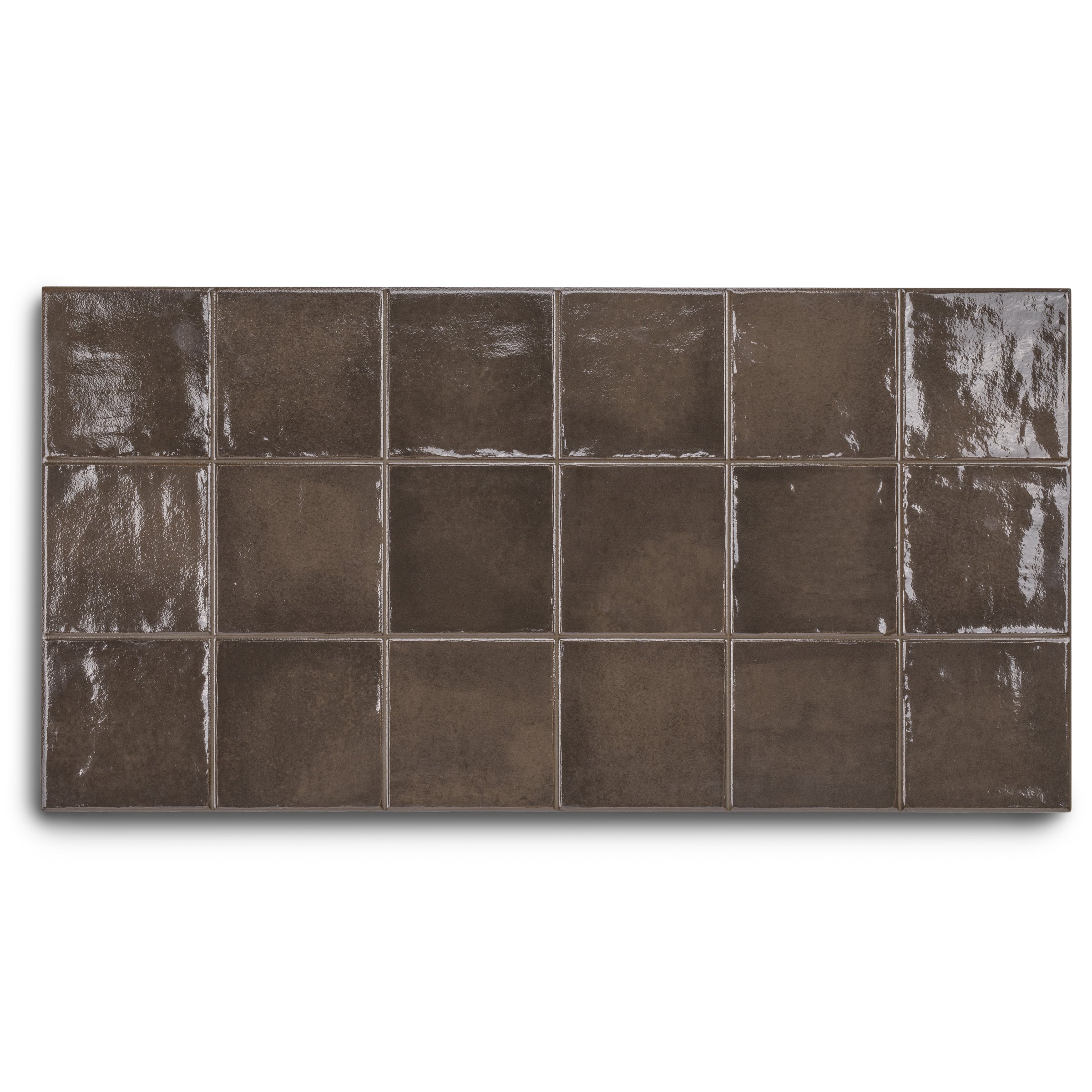 Glossy dark brown ceramic tile sheet with rectangular tiles arranged in a grid pattern on a white background