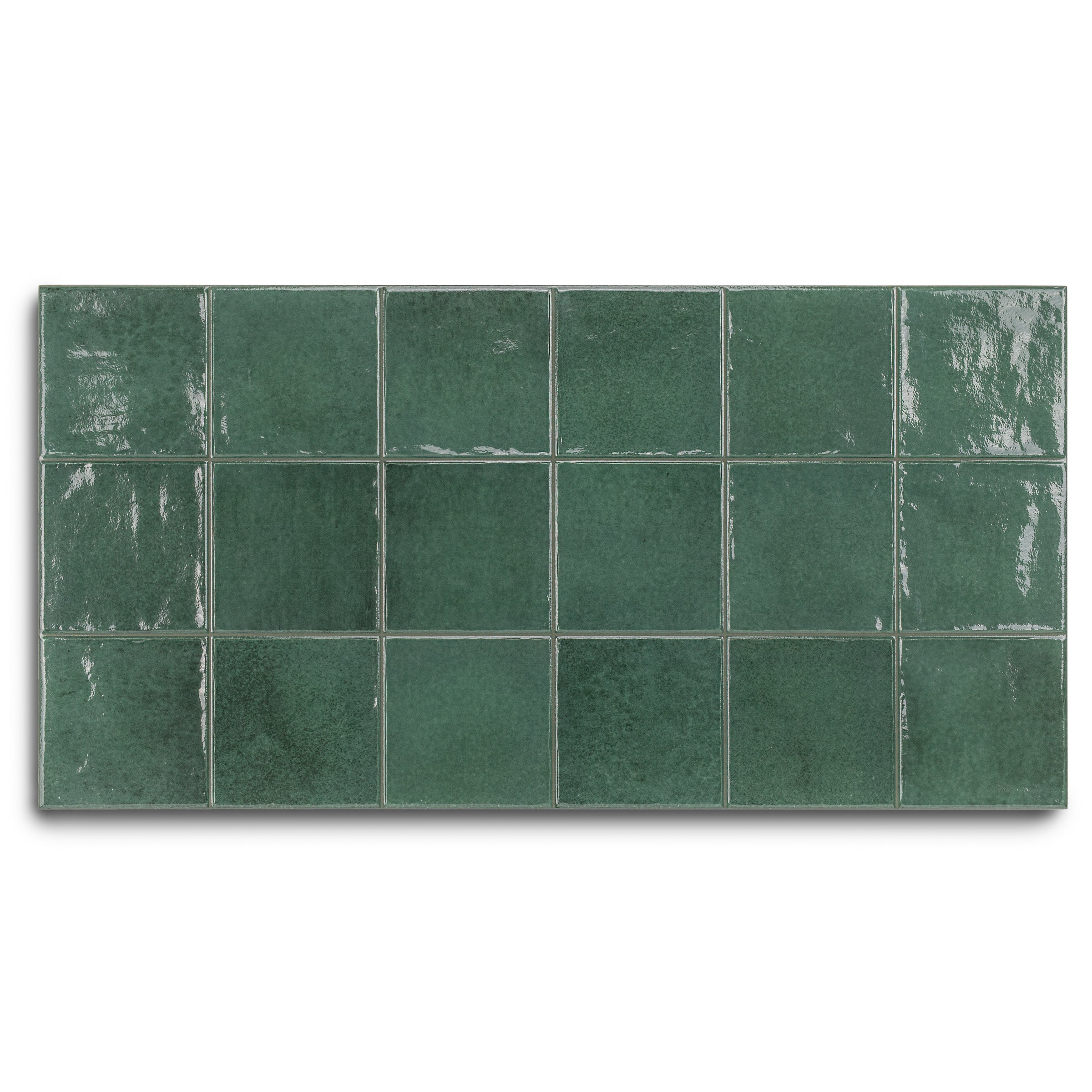 Glossy dark green ceramic tiles arranged in a rectangular grid with varied texture and shading.