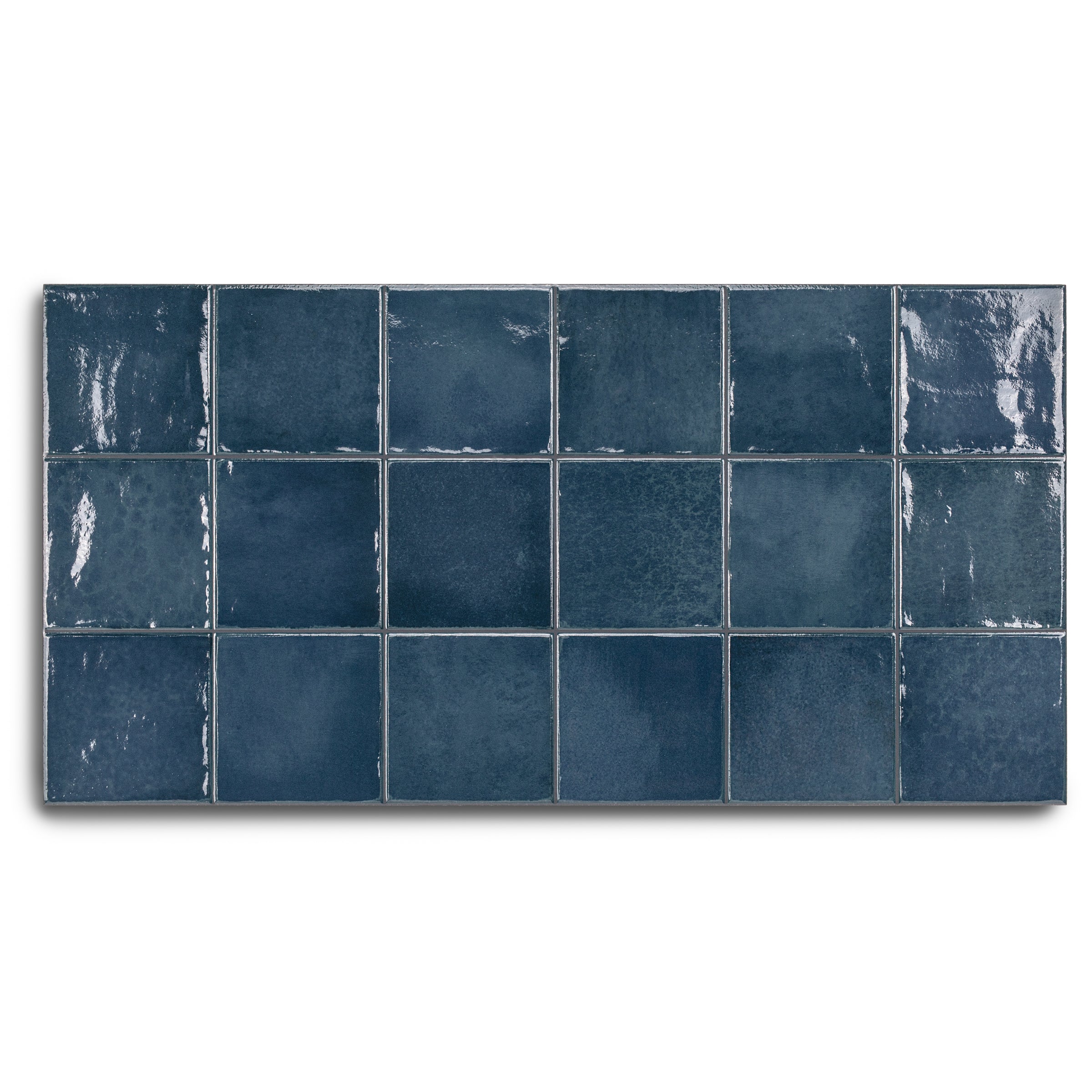 Glossy navy blue ceramic tile sheet with 20 square tiles arranged in four rows on white background