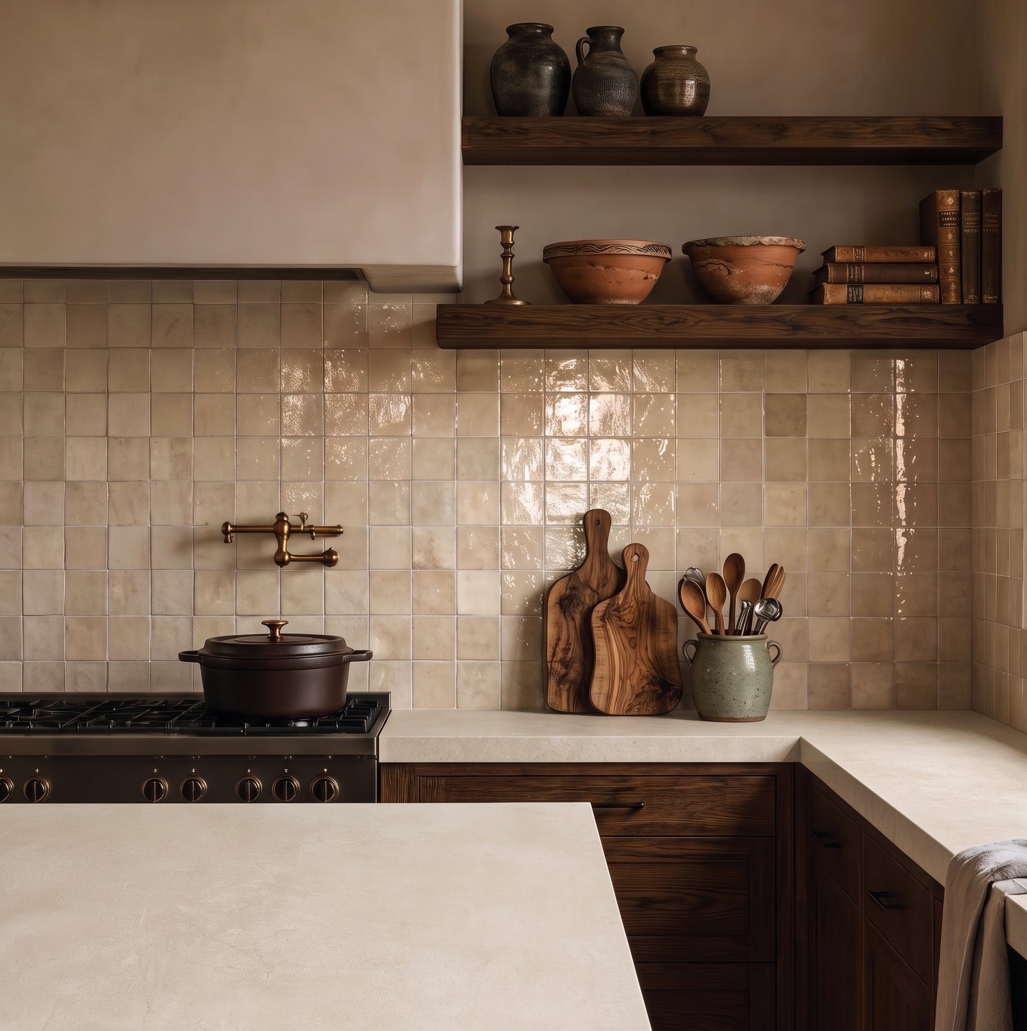 Cozy kitchen corner with beige ceramic tiles, wooden shelves, pottery, cutting boards, and cooking utensils in a jar.