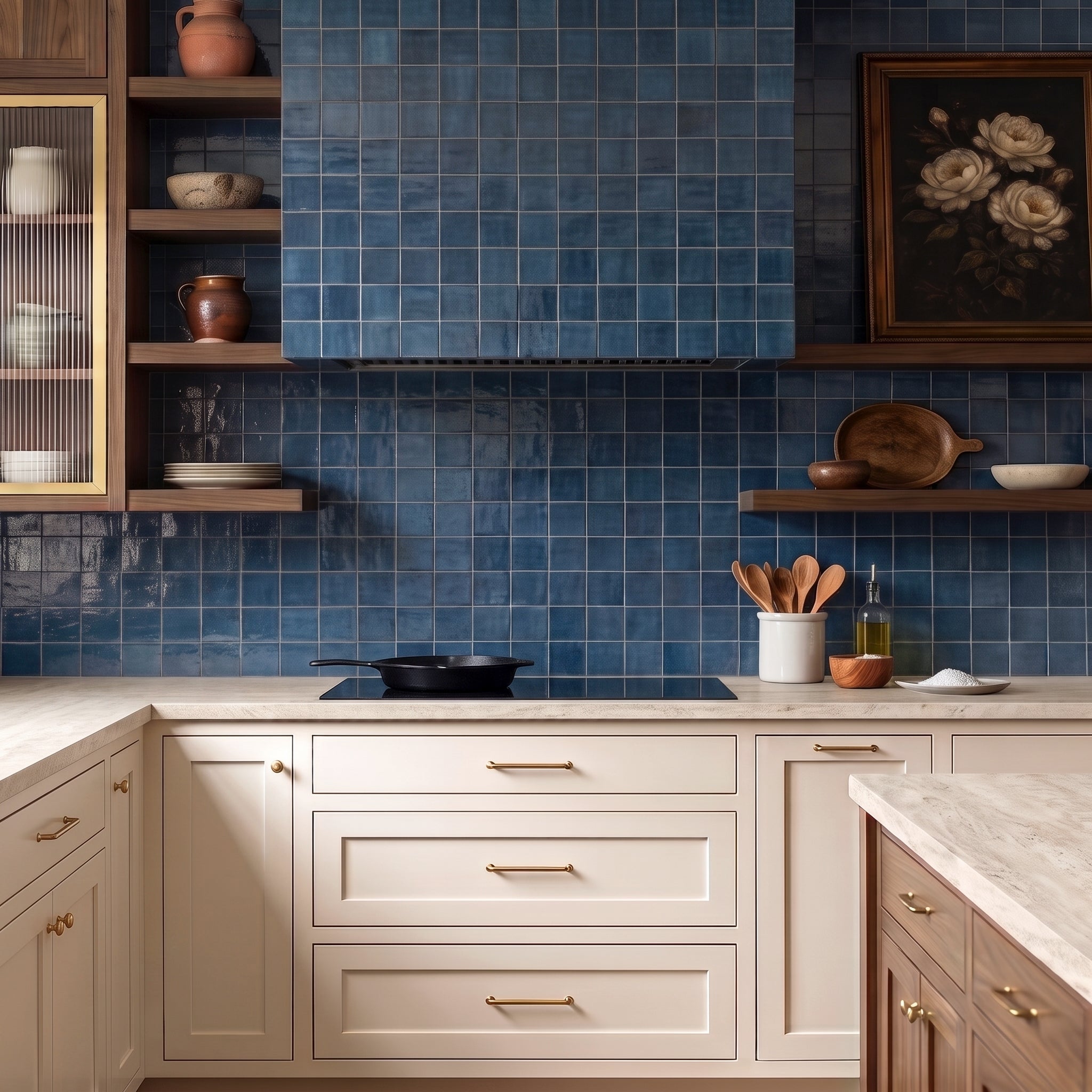 Modern kitchen with blue ceramic tile backsplash, cream cabinetry, wooden shelves, and cooking utensils on countertop