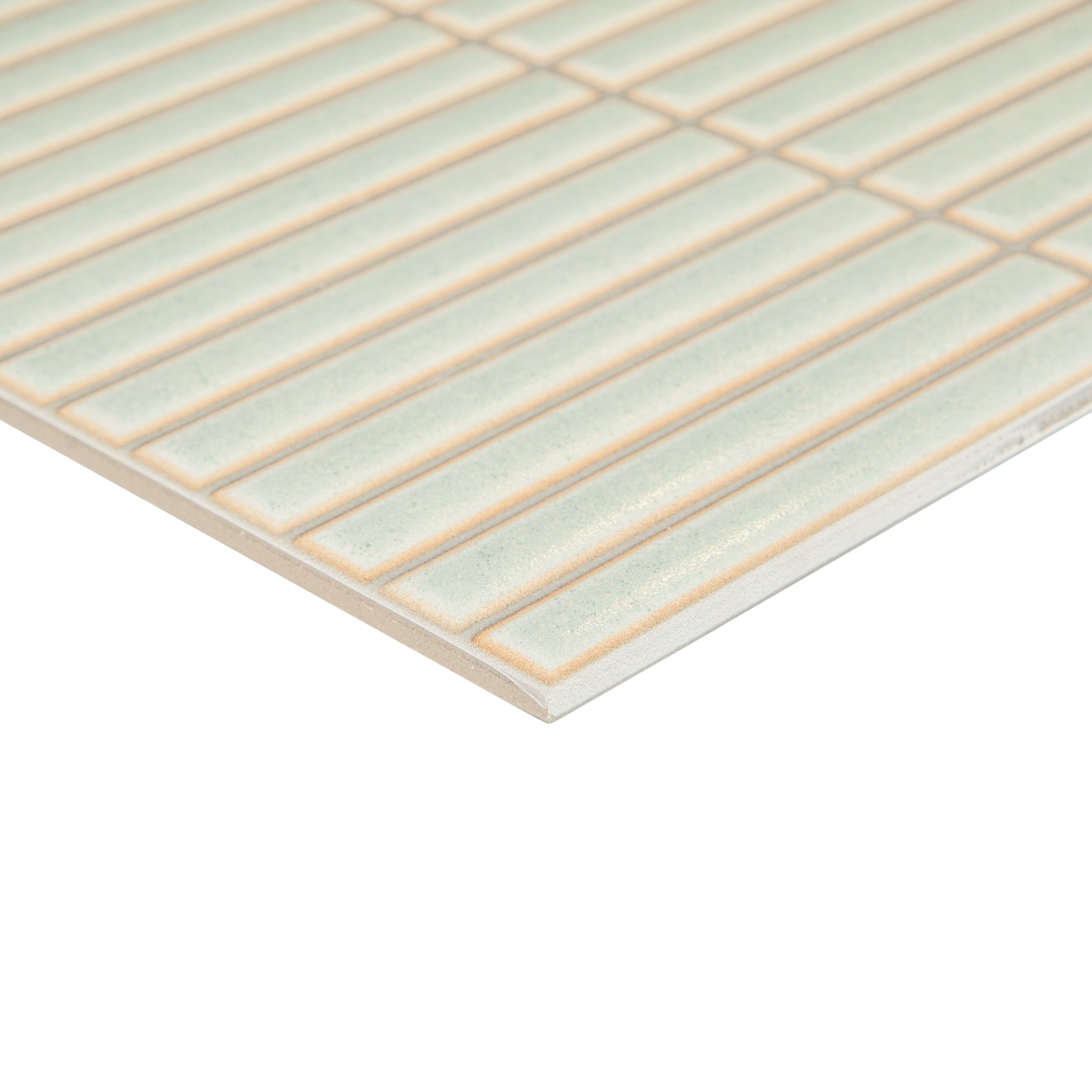 Apple 12x24 3D Glossy Porcelain Tile in muted green vertical flute pattern from Large Format Tiles collection