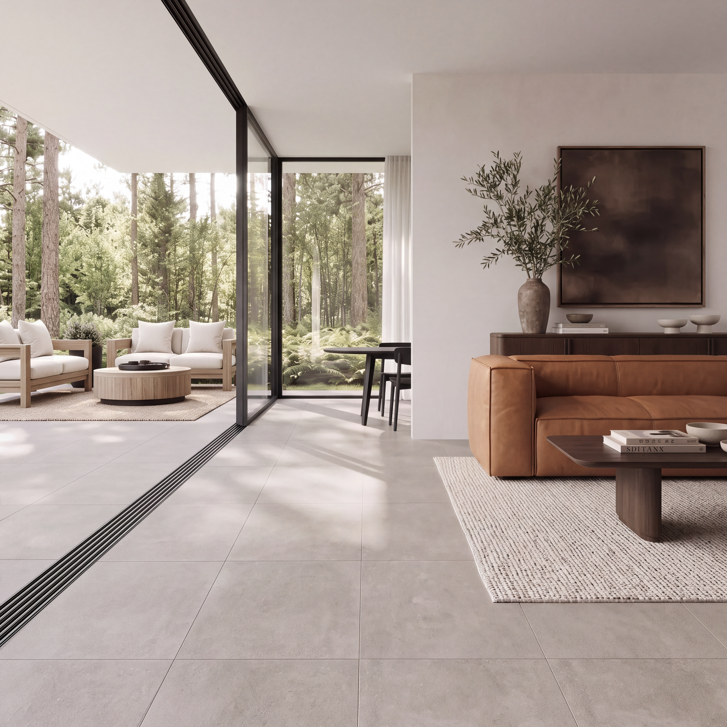 Modern living room with large format light gray floor tiles, leather sofa, glass walls, and forest views