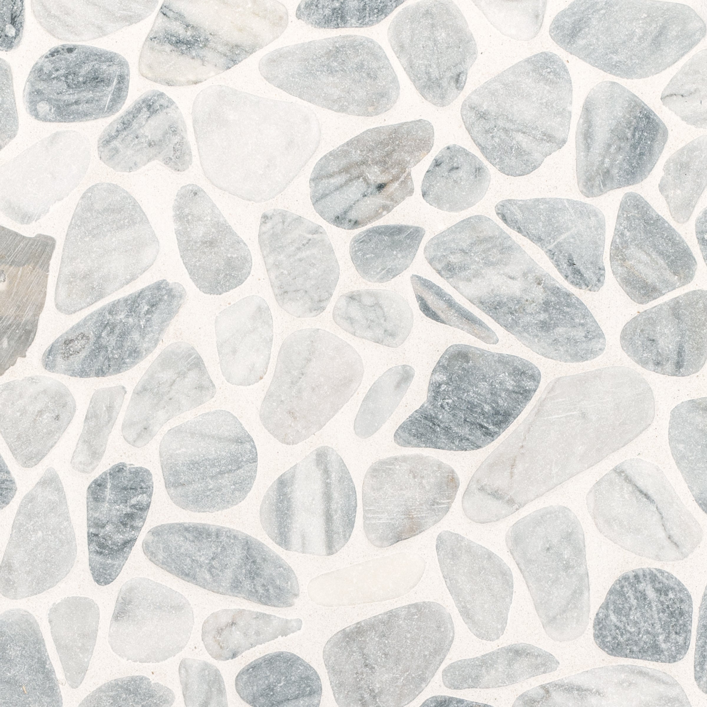 Bardiglio Tumbled Pebble Mosaic with cool gray marble stones in varied shapes and tumbled finish from Tumbled Pebble Mosaics collection