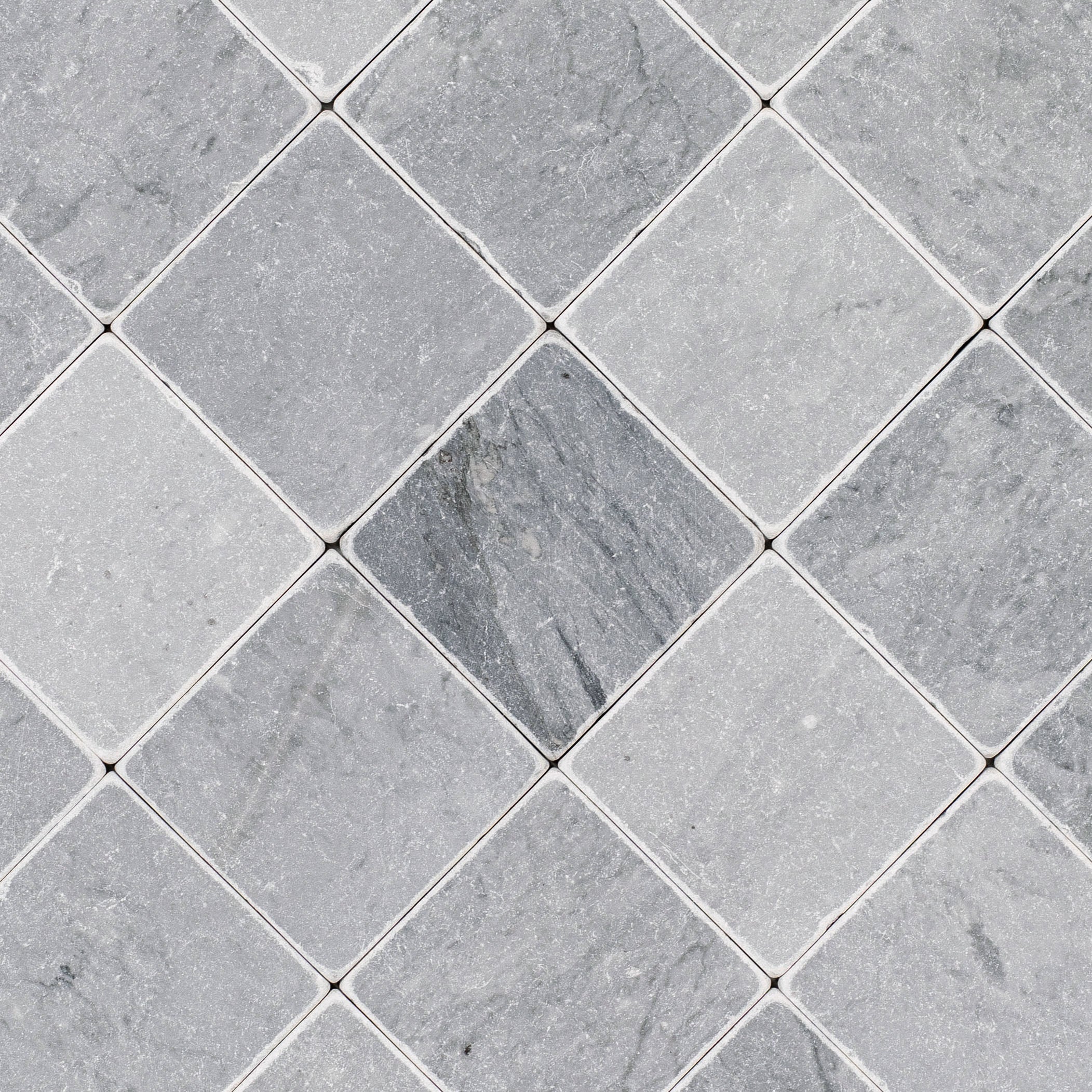Bardiglio 4x4 Tumbled Marble Tile in gray with fine white veining from Tumbled Natural Stone Tiles collection