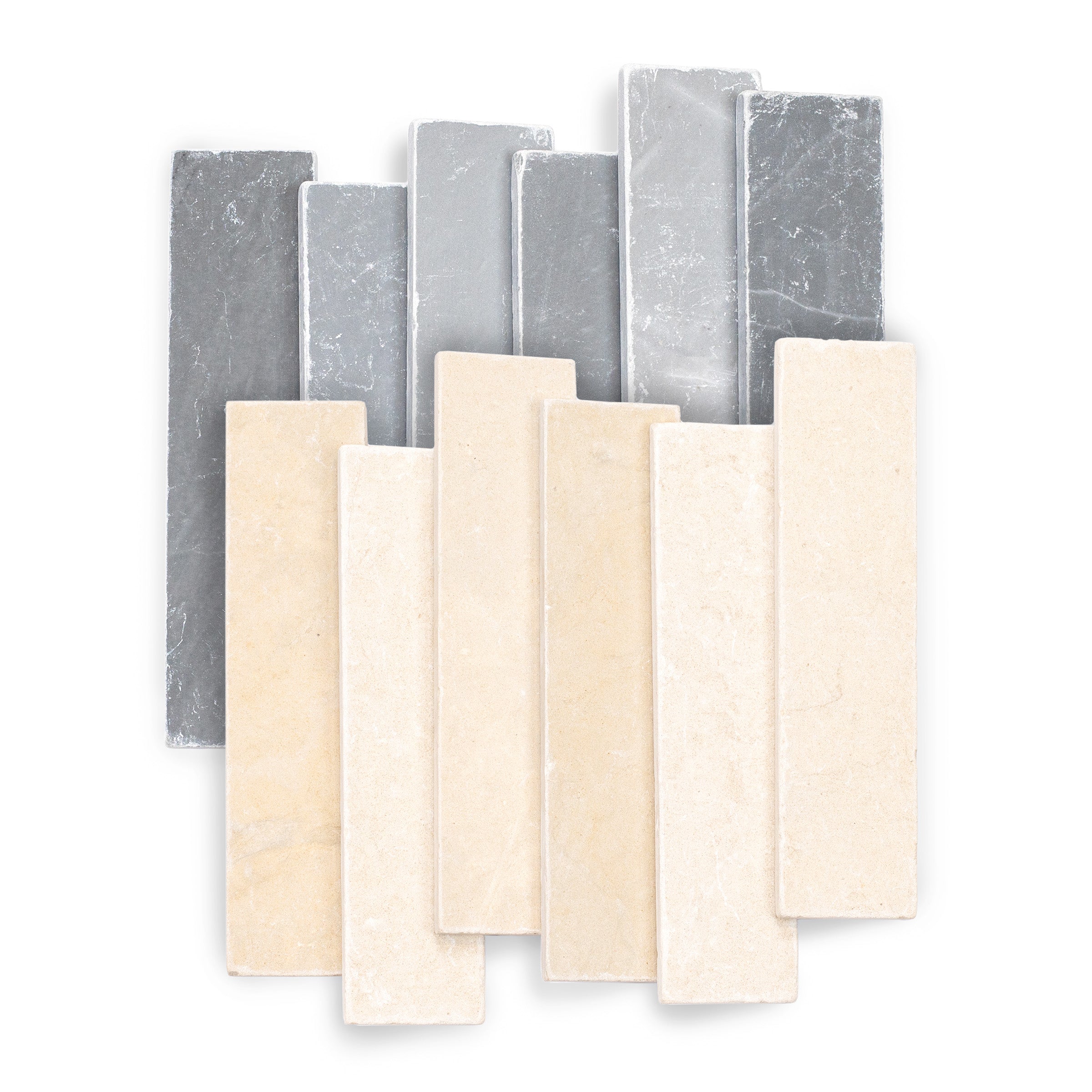 Bardiglio Desert Tea Tumbled Stone Checker Stripe marble tile in beige and gray from Tumbled Natural Stone Tiles collection