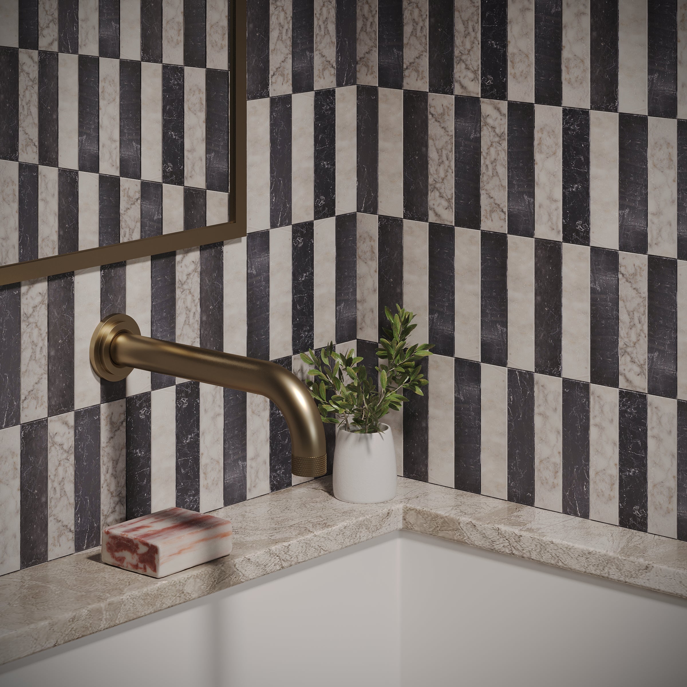 Carrara Bardiglio Tumbled Stone Checker Stripe marble tile wall in white and gray from Tumbled Natural Stone Tiles collection