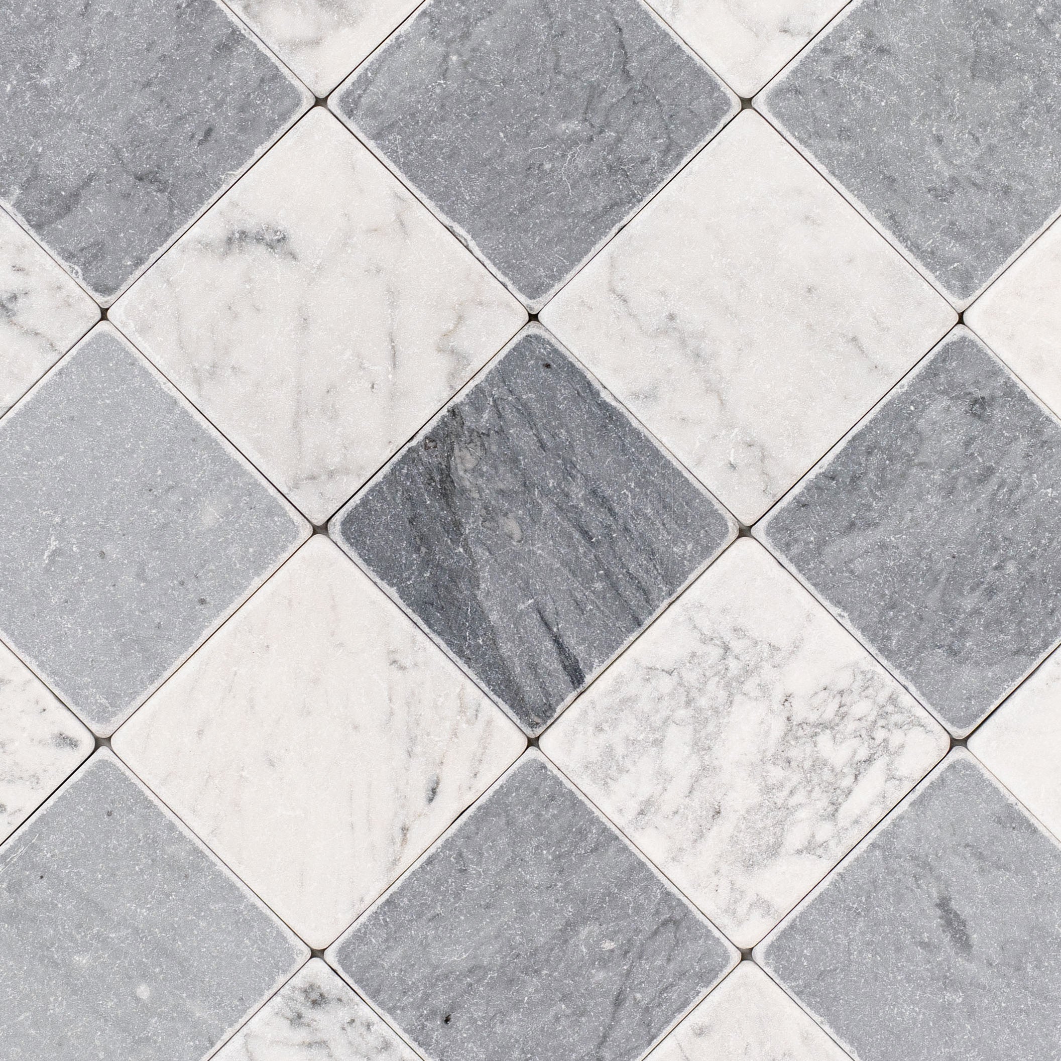 Carrara Bardiglio Tumbled Stone Checkerboard in gray and white marble from Tumbled Natural Stone Tiles at Reno Source