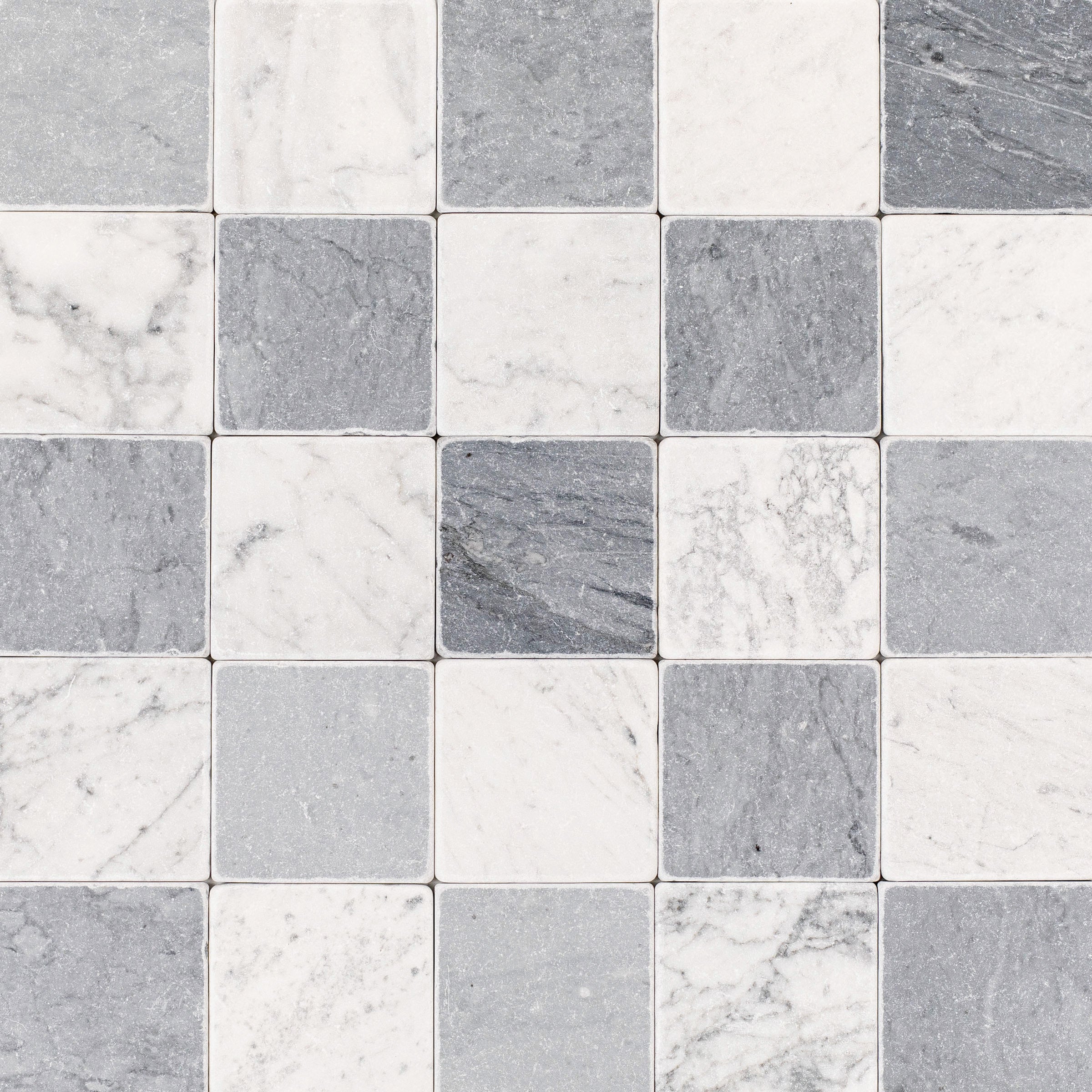 Carrara Bardiglio Tumbled Stone Checkerboard in gray and white marble from Tumbled Natural Stone Tiles at Reno Source