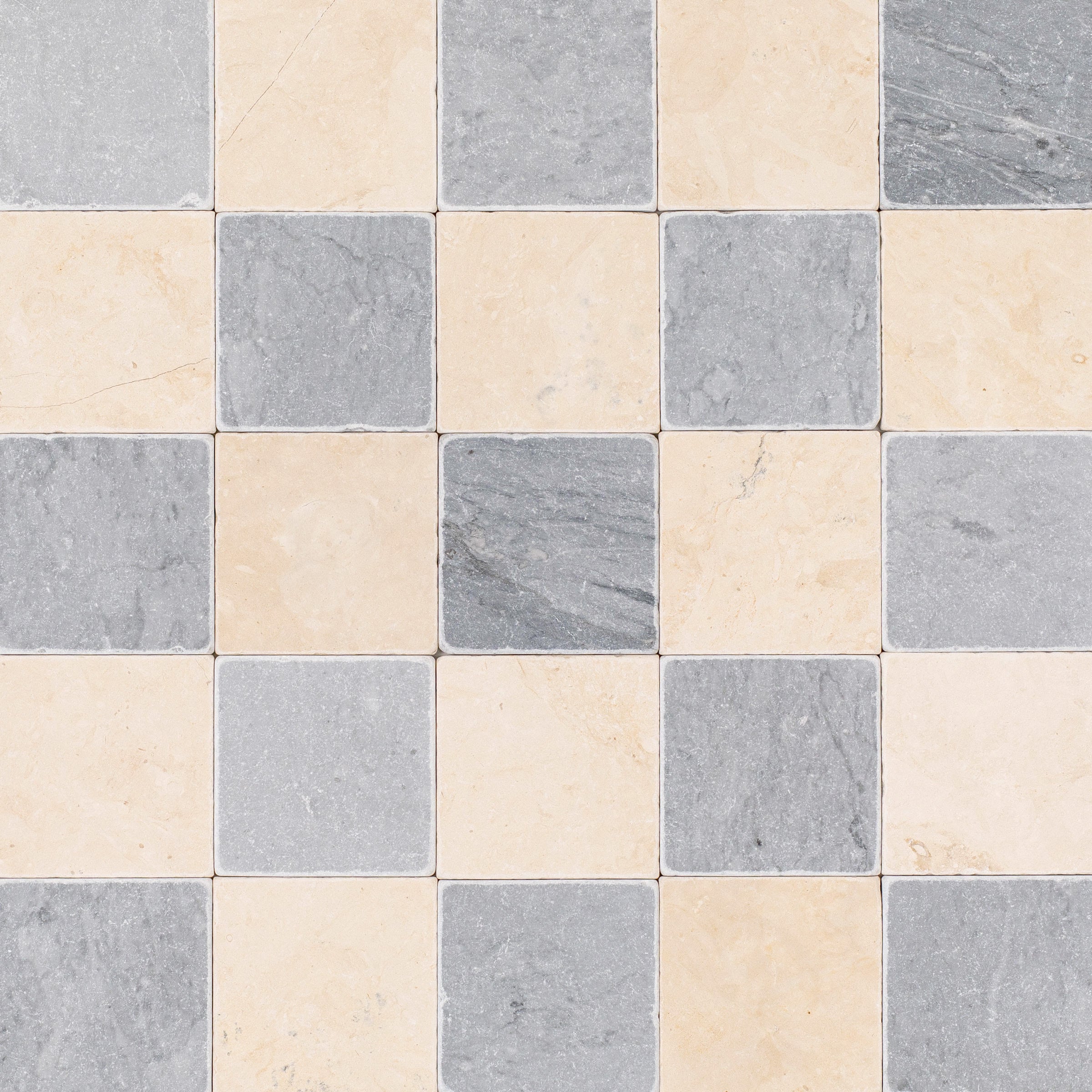 Bardiglio Desert Tea Tumbled Stone Checkerboard with beige and gray marble tiles from Tumbled Natural Stone Tiles collection