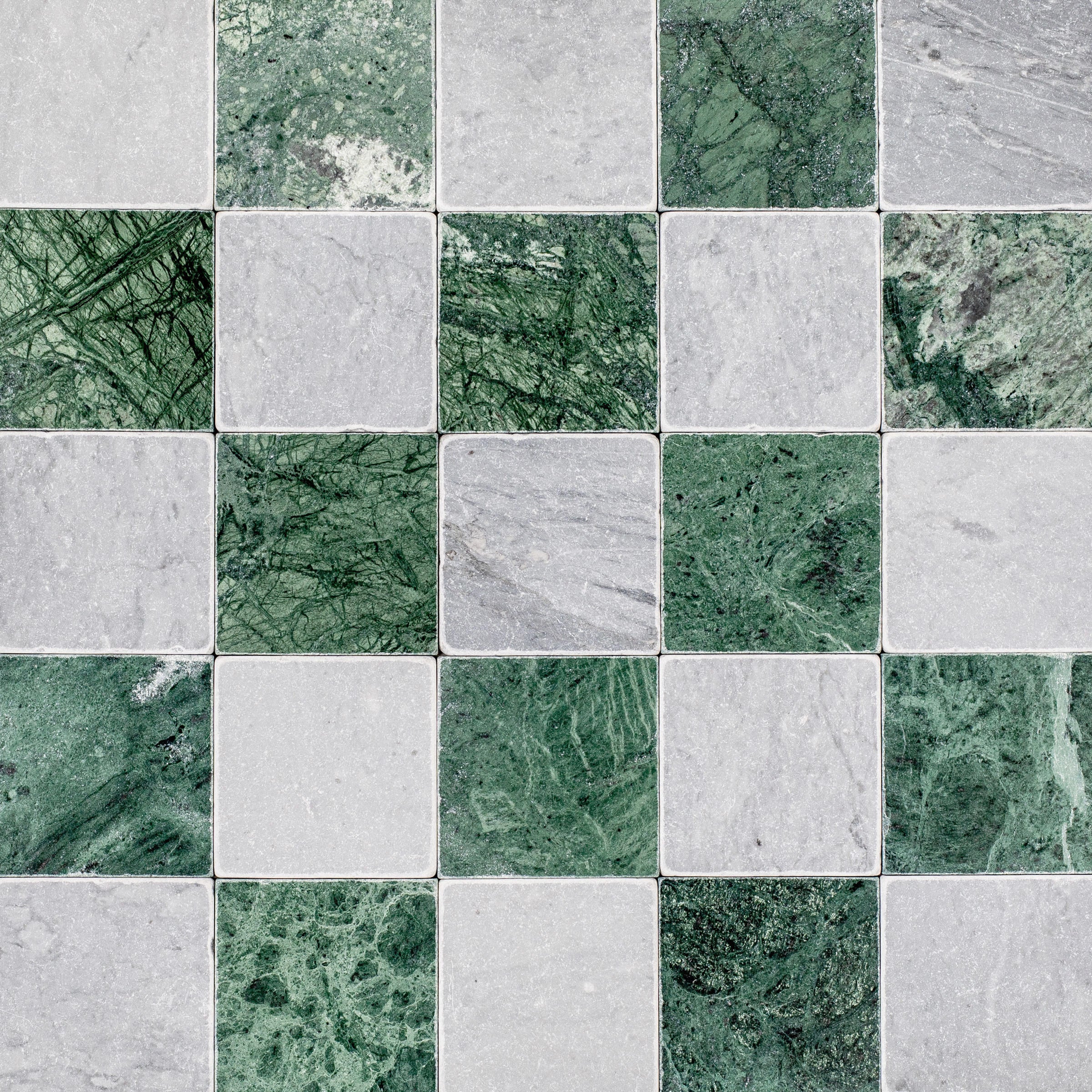 Verde Guatemala Bardiglio Tumbled Stone Checkerboard green and gray marble tiles from Tumbled Natural Stone Tiles collection