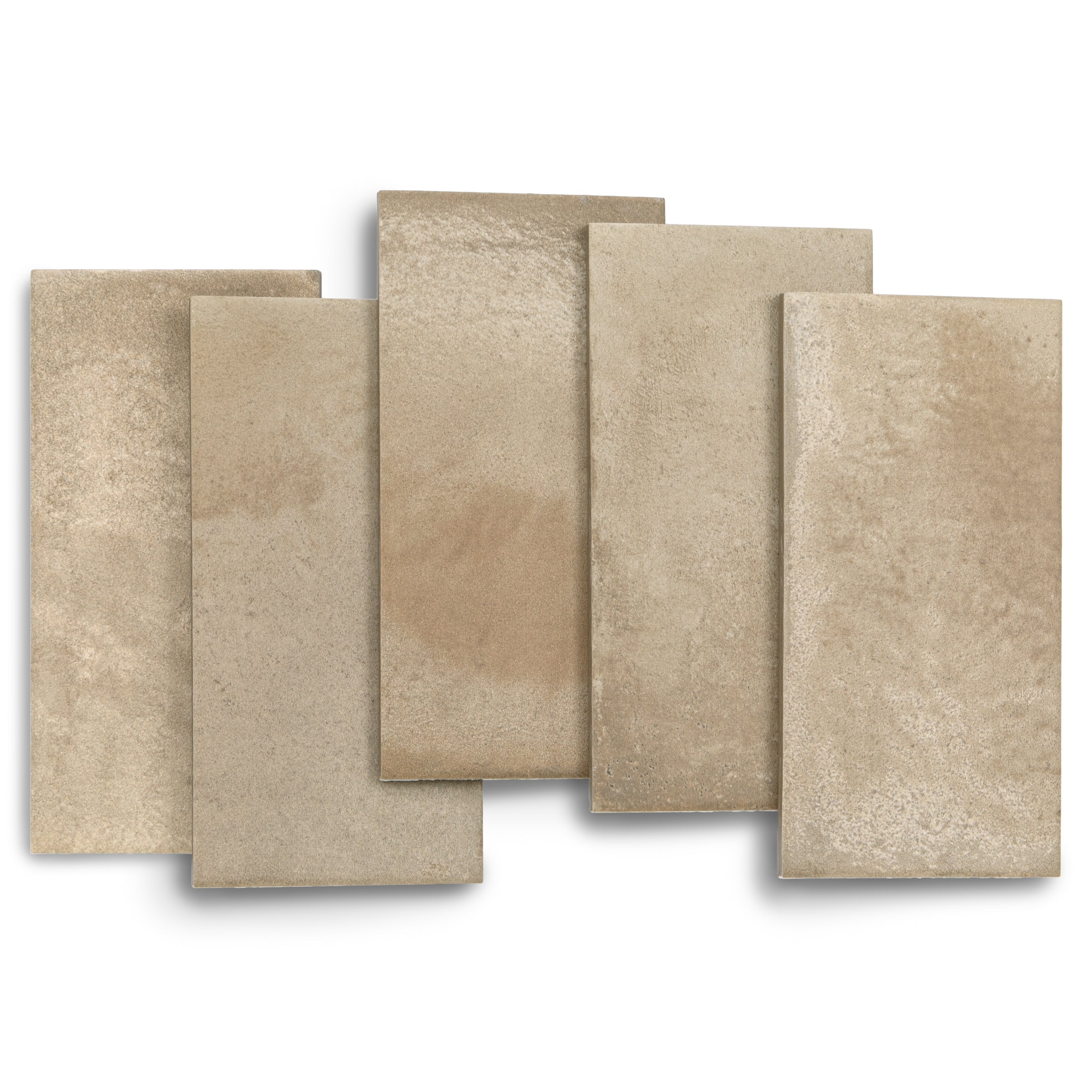 Five large rectangular beige ceramic tiles arranged side by side on a white background