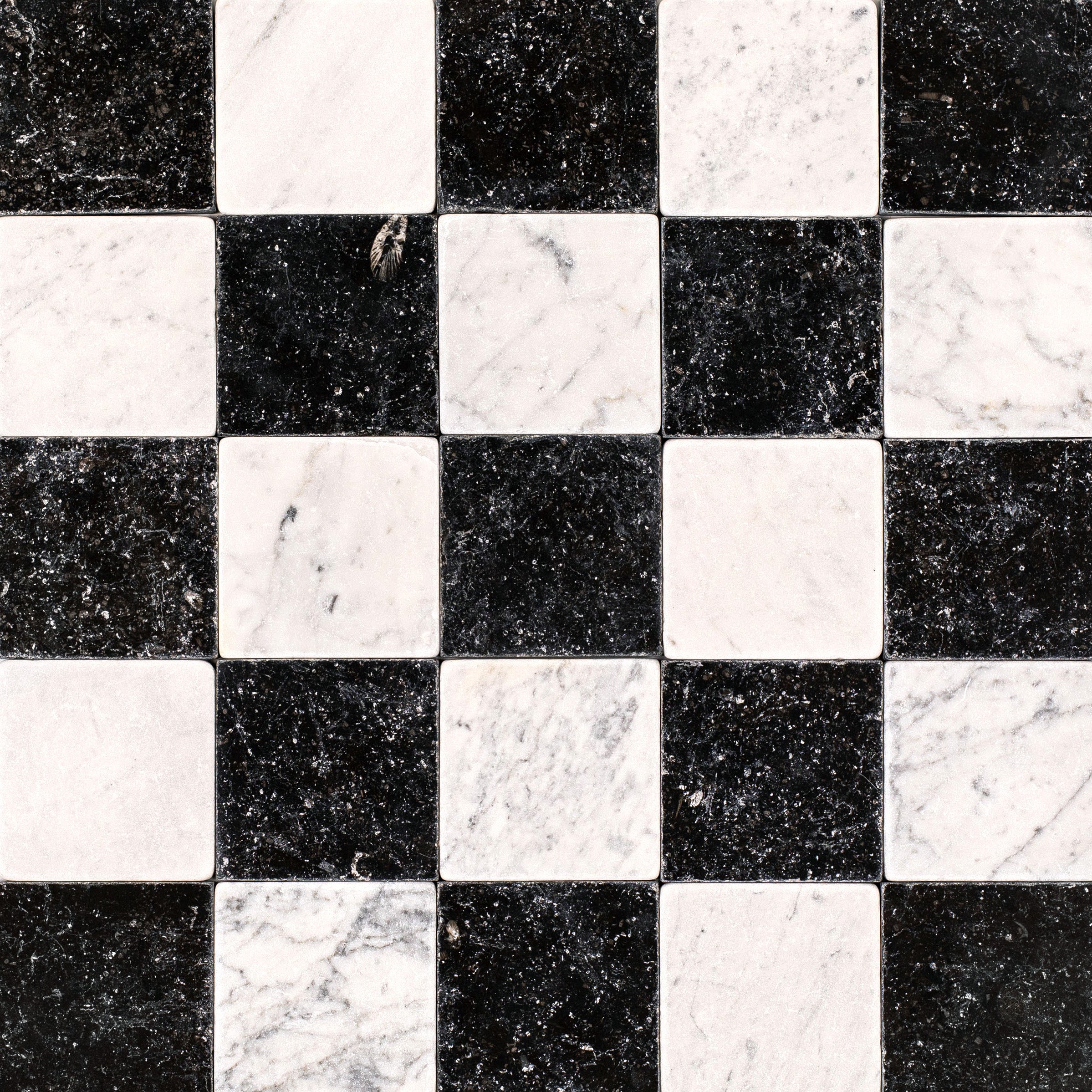 Carrara Belgian Blue Tumbled Stone Checkerboard with gray, black, and white tumbled natural stone tiles from Reno Source new arrivals