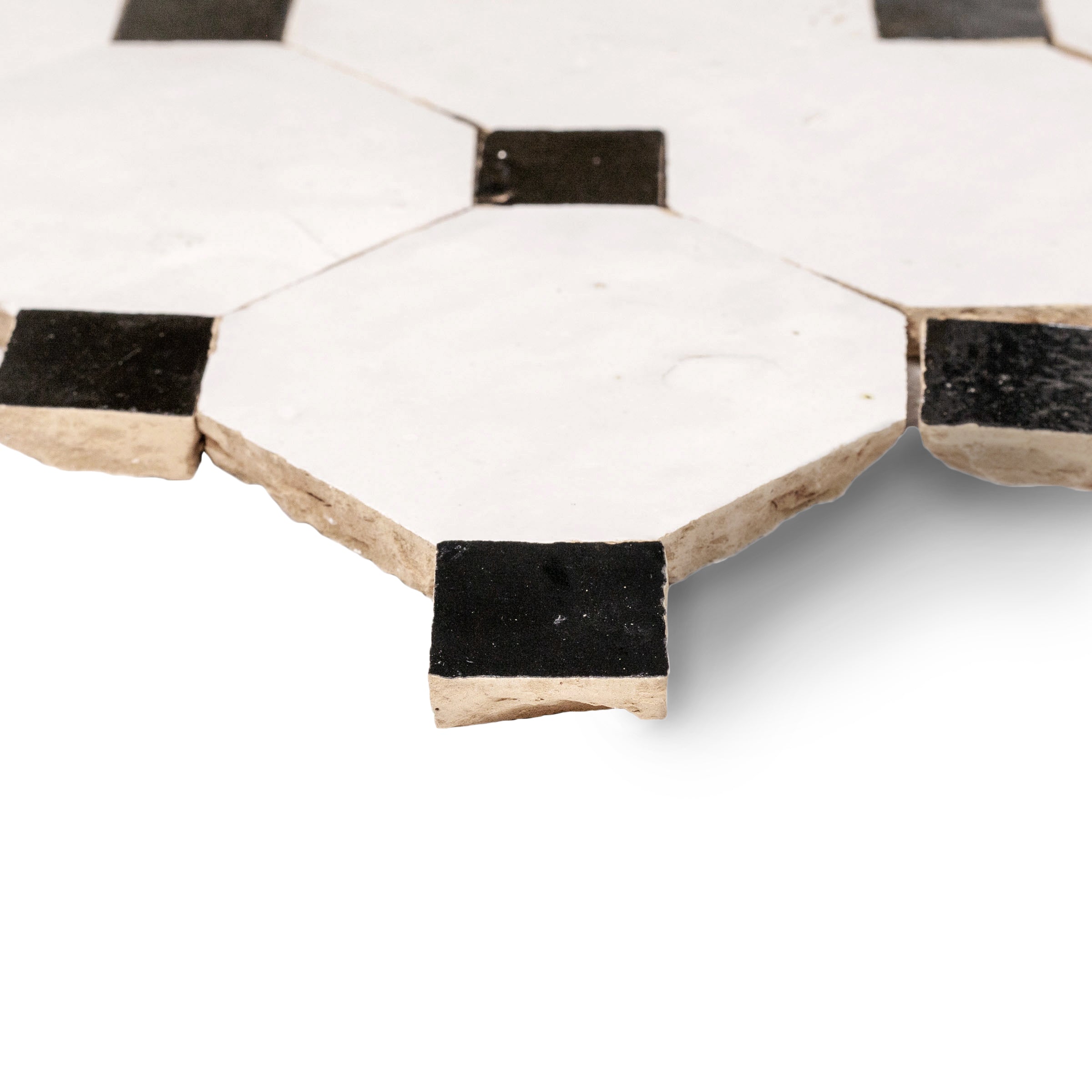 White & Black Octagon Zellige Mosaic with handmade terracotta tiles in classic octagon and dot pattern from Handmade Moroccan Zellige Tiles and New Arrivals