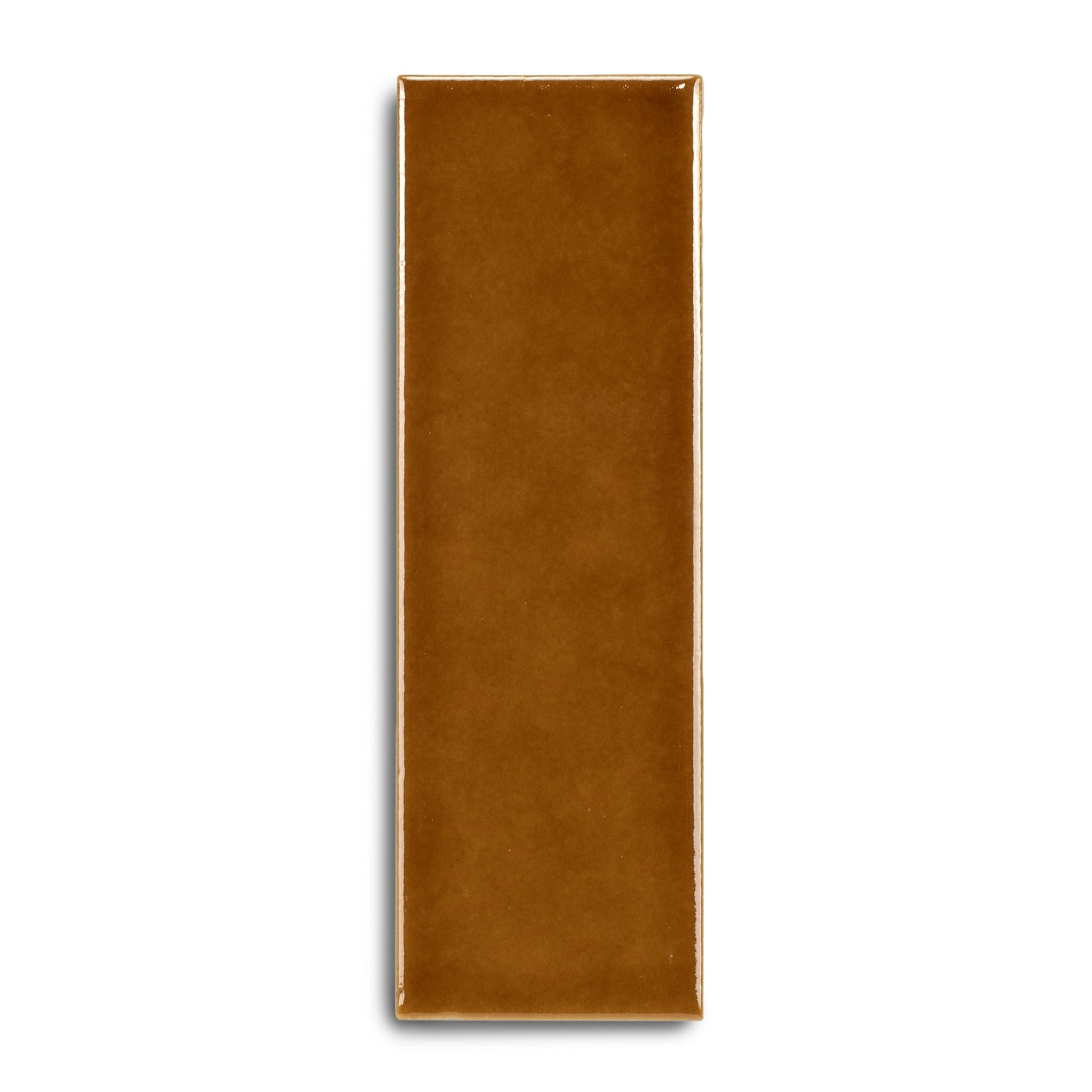 Smooth rectangular ceramic tile in warm caramel brown with a glossy finish and clean edges on white background