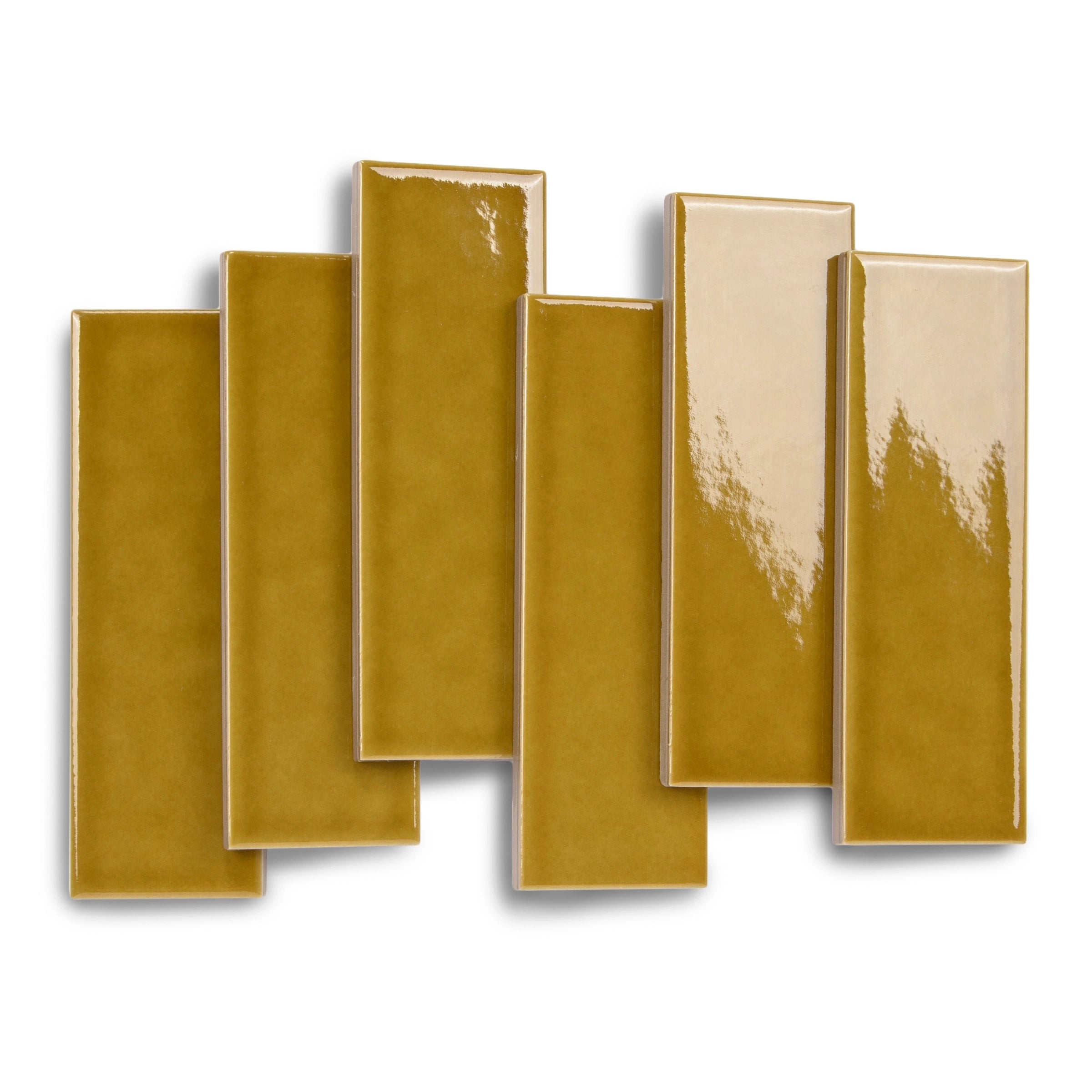 Glossy honey-colored rectangular porcelain tiles with smooth finish arranged in staggered pattern on white background