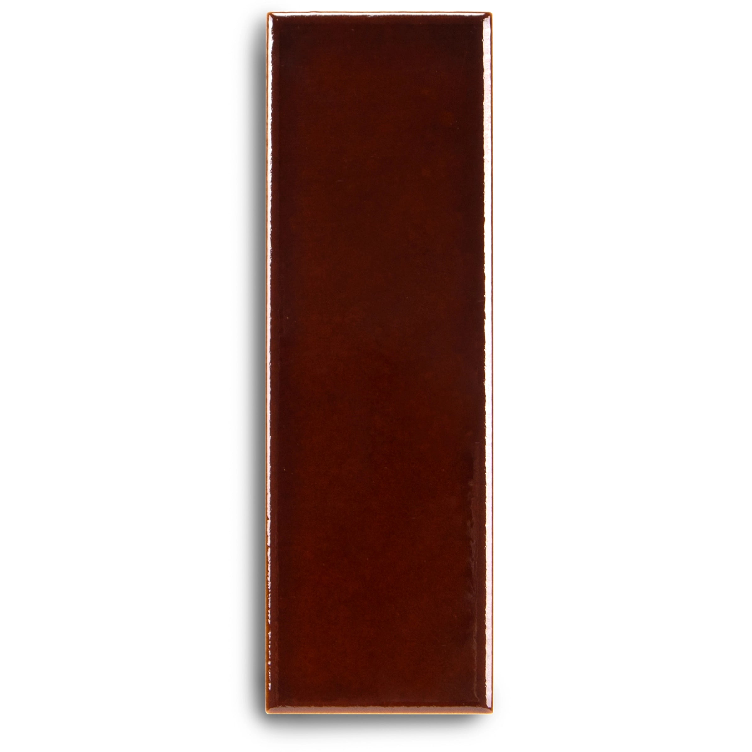 Glossy rectangular porcelain tile in rich mahogany with smooth surface and subtle depth on white background