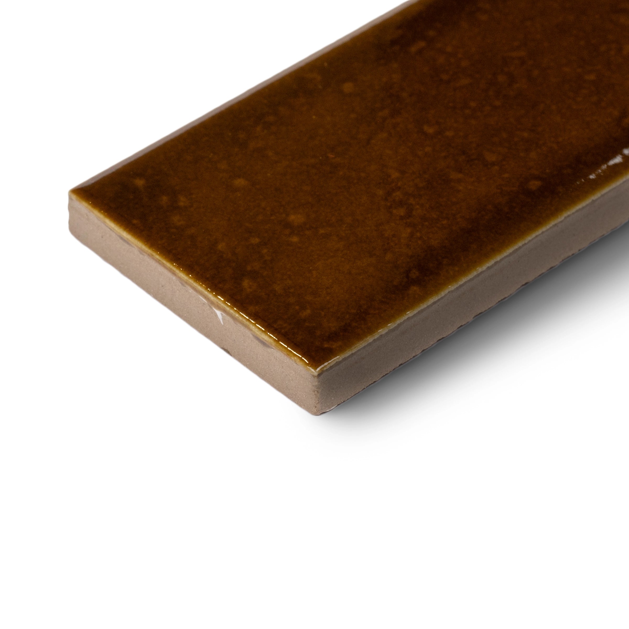 Single glossy rectangular porcelain tile in deep tobacco brown with smooth surface on white background