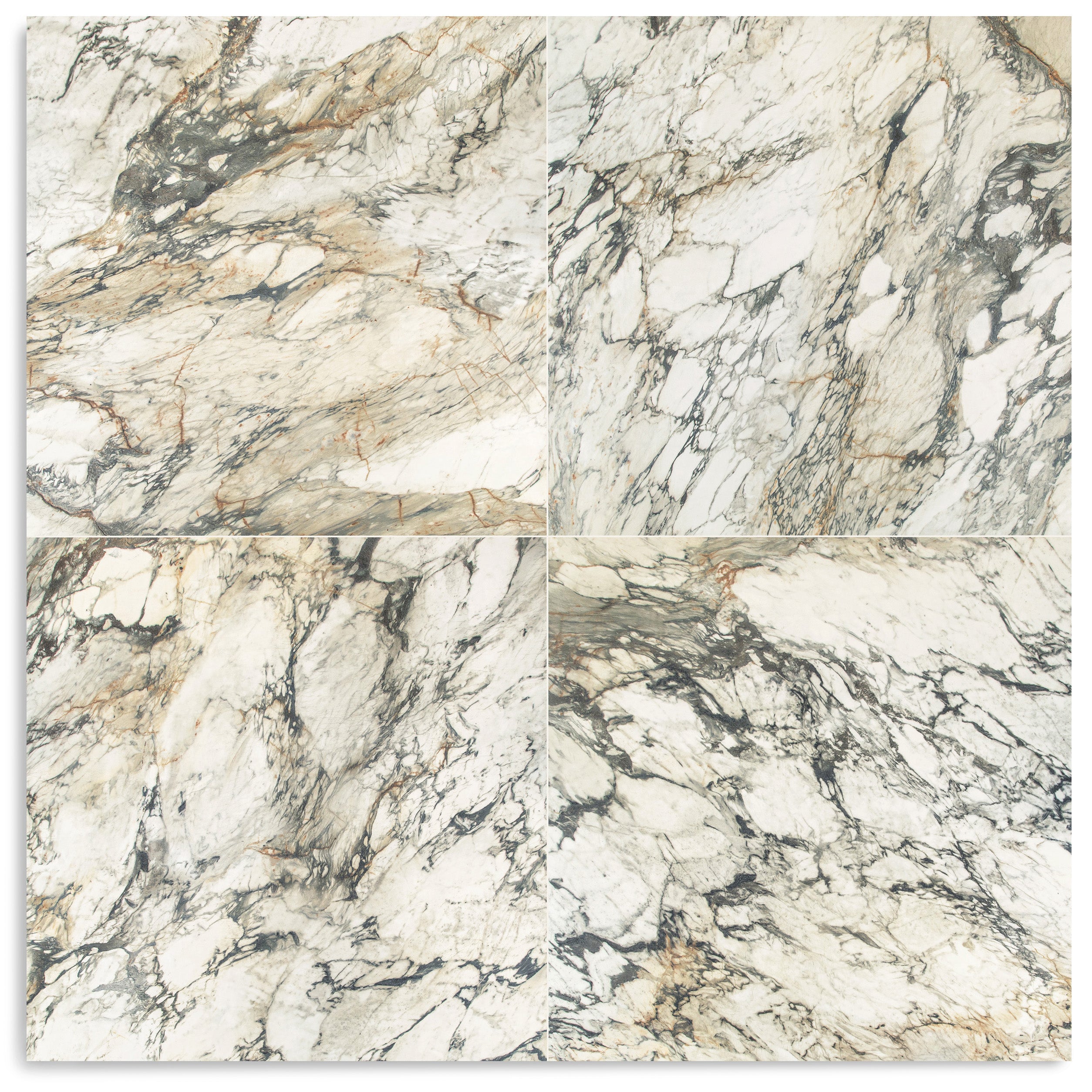 Four large porcelain tiles with creamy white base and dramatic gray and beige marble-like veining patterns