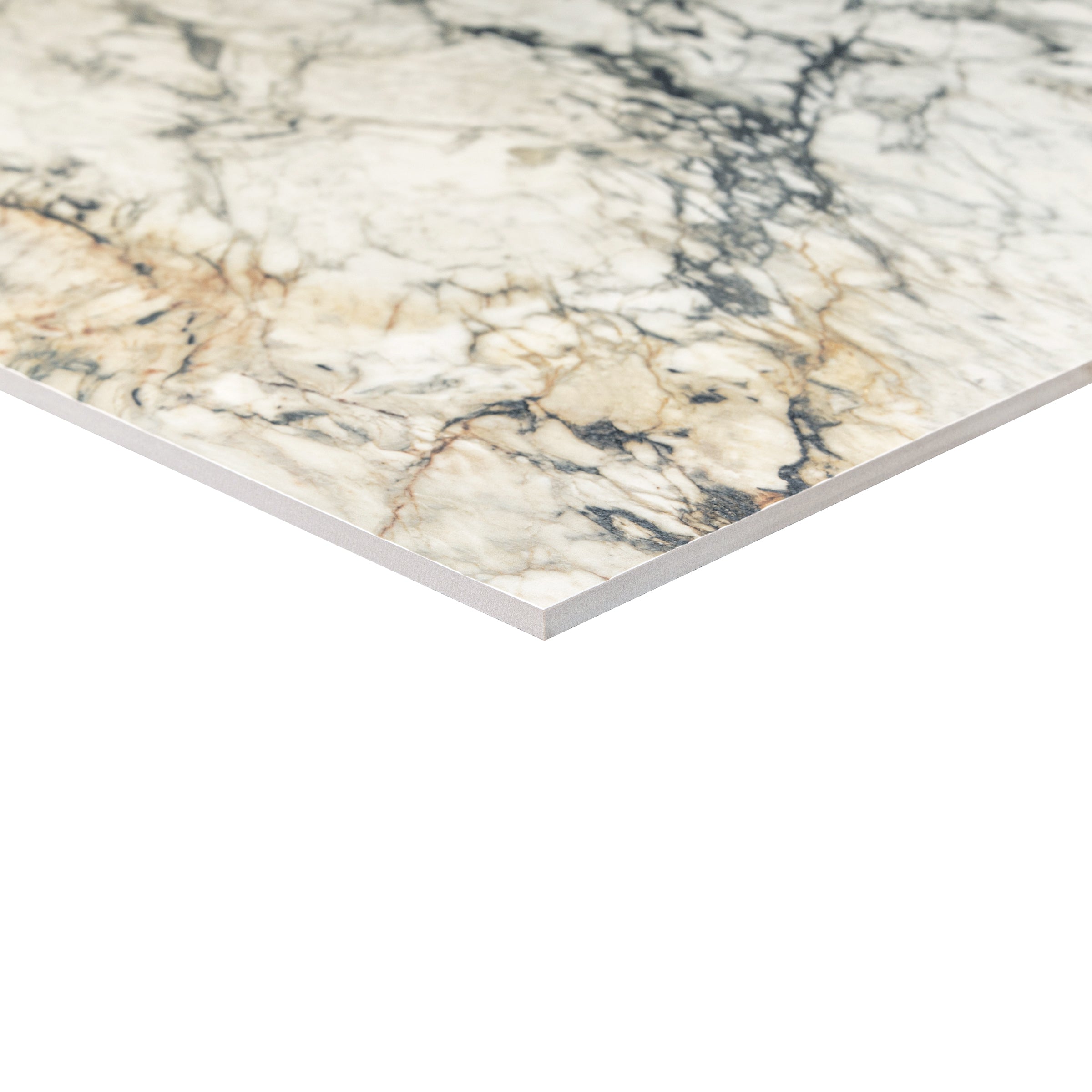 Porcelain tile with a creamy base and intricate gray and beige veining resembling natural breccia stone patterns