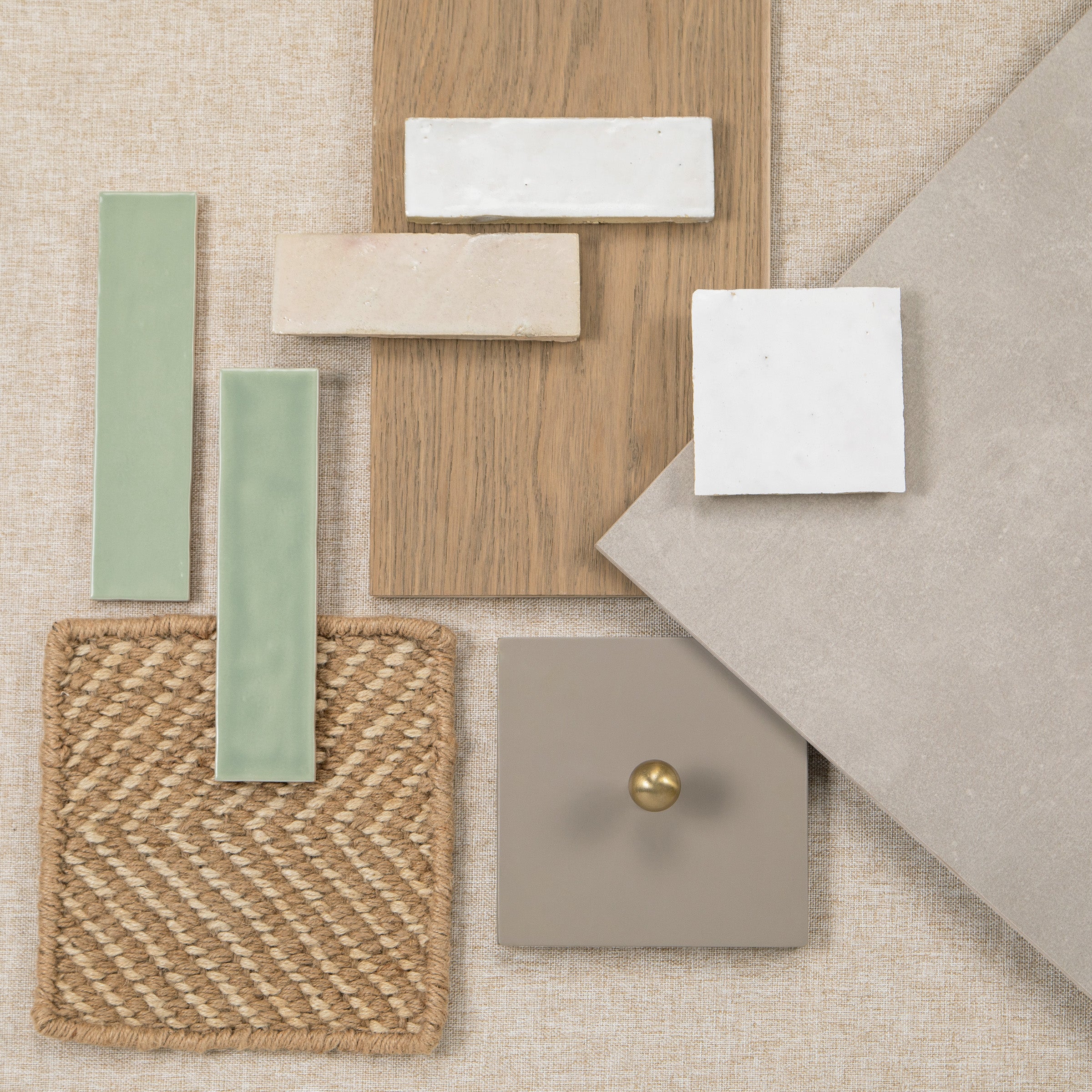 Interior design mood board with wood, tile, fabric, woven material, and cabinet finish samples