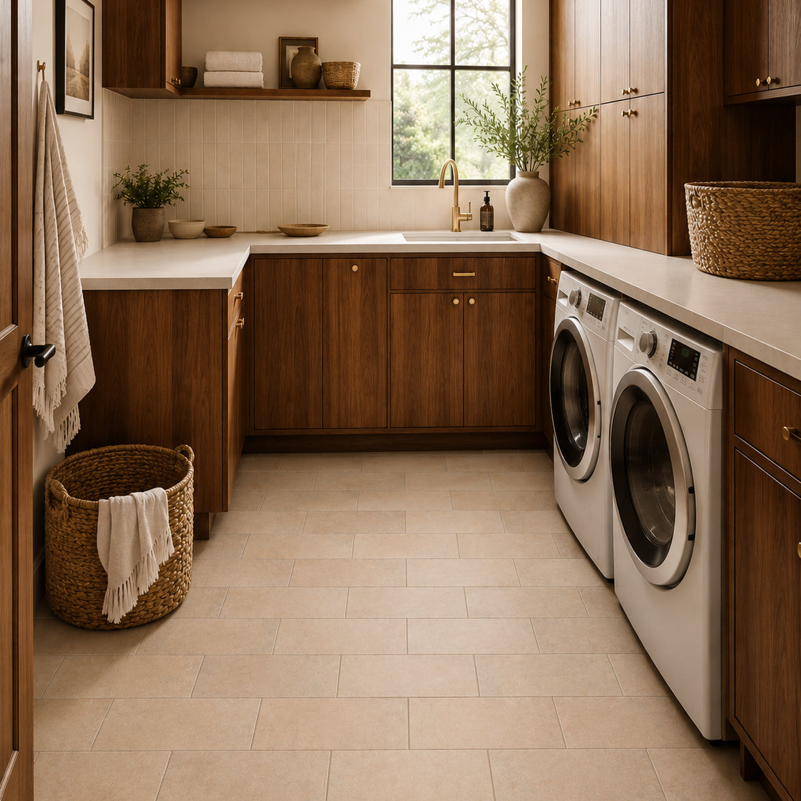 Laundry room with wood cabinets, beige tiled floor, front-load washer and dryer, and a window with plant on the counter.
