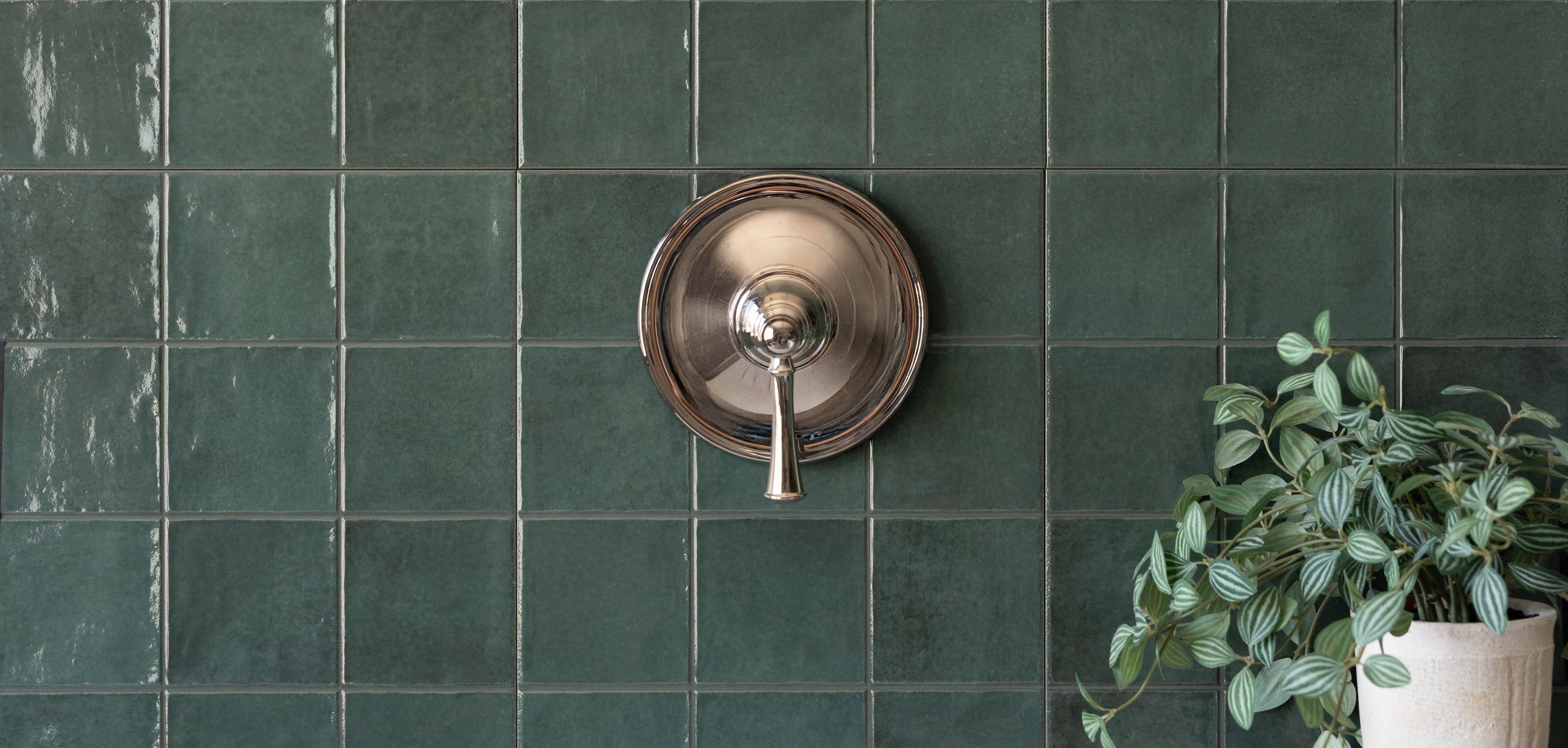 Green ceramic tiles on bathroom wall with metal faucet handle and a potted plant on the side