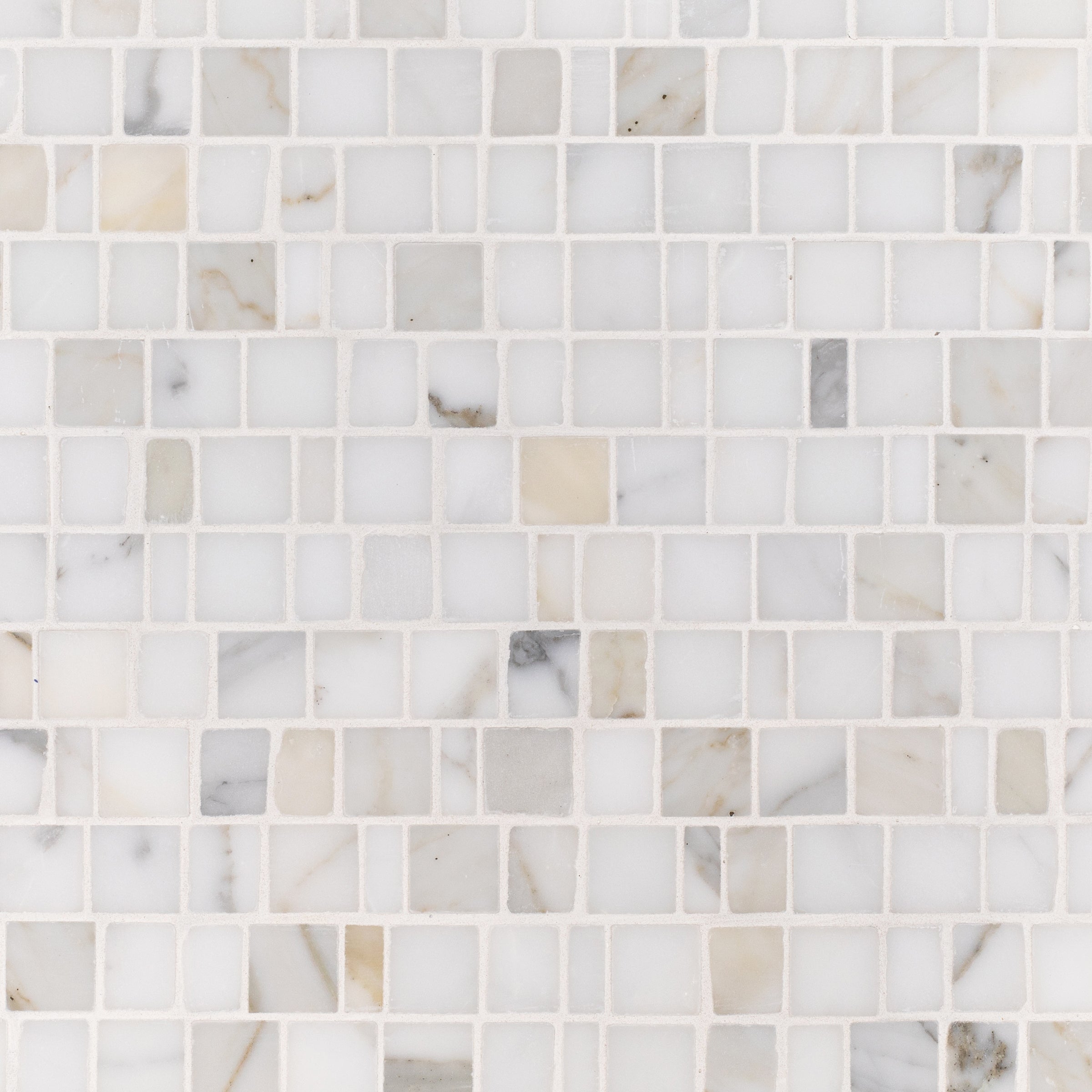 Calacatta Running Bond Marble Mosaic in gray, beige, and white tones for Marble Tiles, Stone, and New Arrivals collections