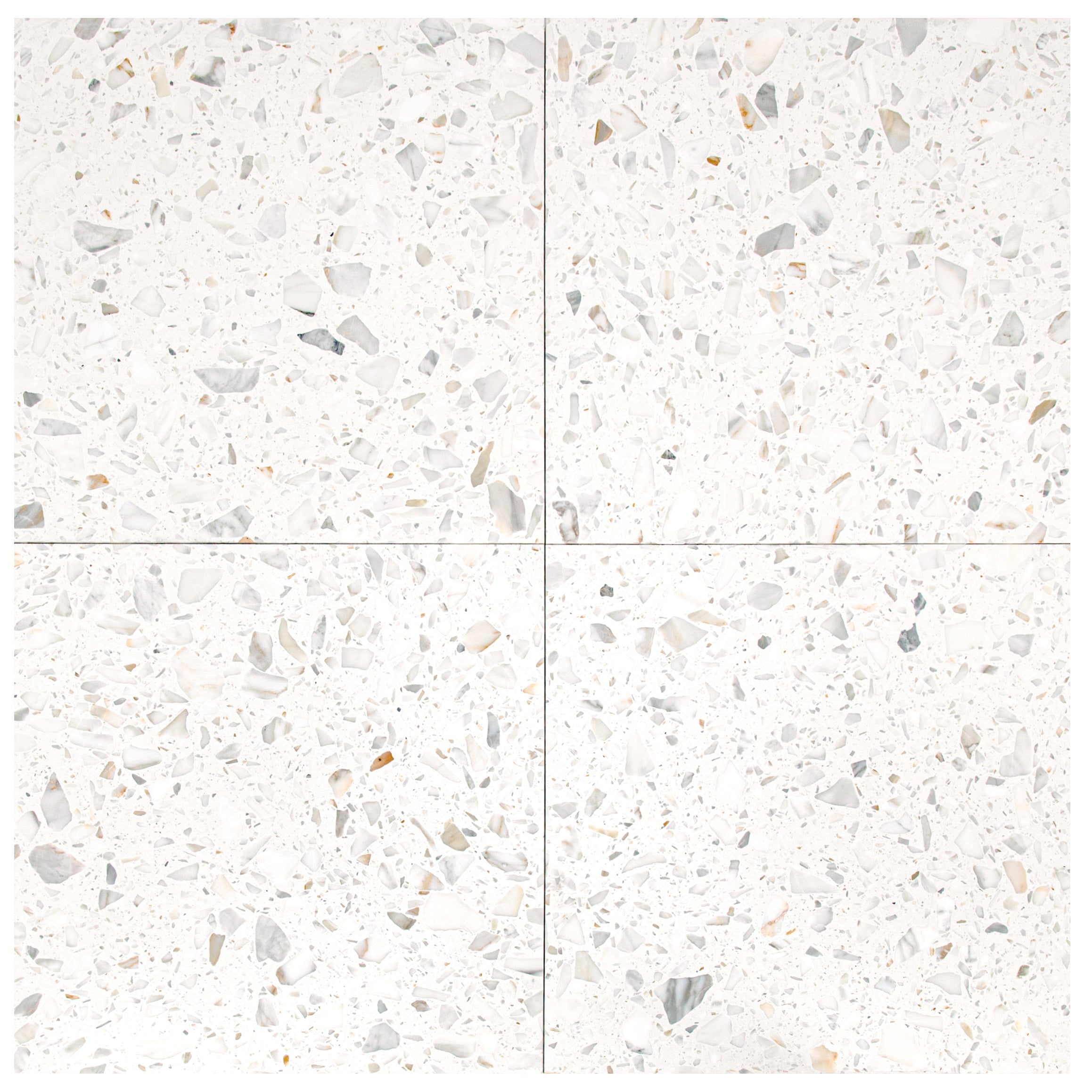 Calacatta Honed 24"x24" Terrazzo Tile in creamy white with multicolor geometric fragments from Italian Terrazzo Tiles collection