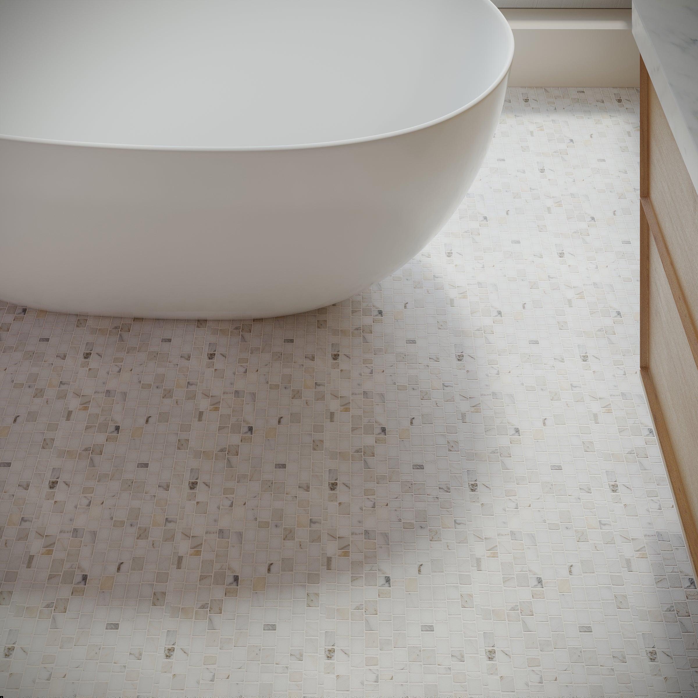 Calacatta Running Bond Marble Mosaic floor in gray, beige, and white tones from Marble Tiles, Stone, and New Arrivals collections